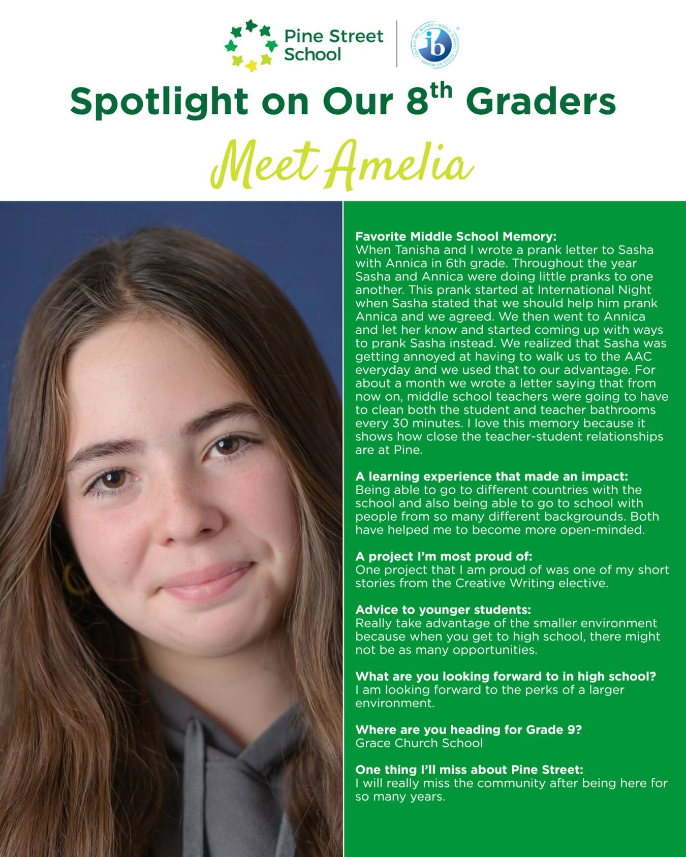 Eight years at Pine Street, and what she’ll miss most is the community. That says everything 💚
Heading to Grace Church School - we are so proud of you Amelia! 🎉
#PineStreetSchool #Classof2026 #MiddleSchoolGrad