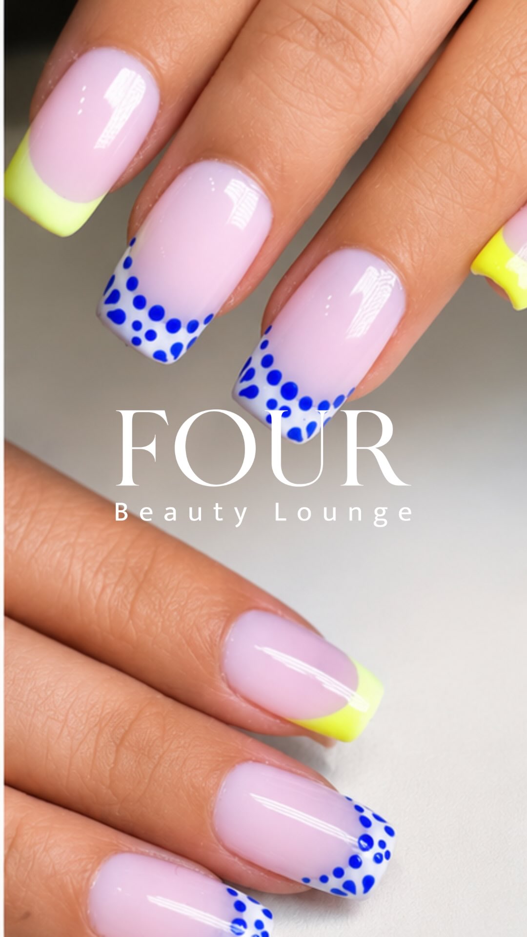 Neon tips, dotted details, and all the summer vibes 💛💙✨ Gel nails @fourbeautylounge #strokesofperfection