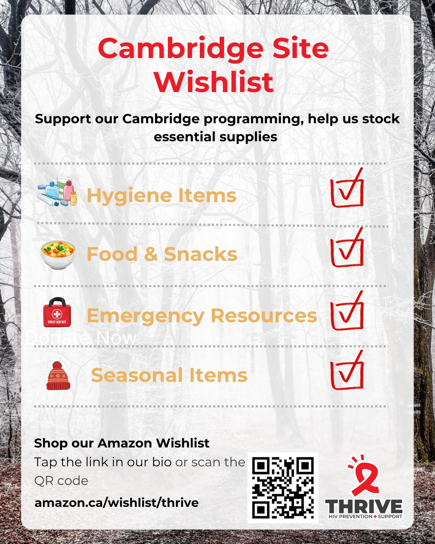 ☀️ Keeping our neighbors safe in the extreme heat. 🌡️
As temperatures reach dangerous highs, our unhoused neighbors face severe health risks without reliable access to shade, water, and cooling supplies. We are actively distributing essentials to help them stay safe, healthy, and hydrated through this extreme weather.
Join us in providing essential resources during extreme heat. We have created an Amazon Wishlist with critical items that will ship directly to our team for immediate distribution.
👉 Copy and paste the link to shop our Amazon Wishlist and send relief directly to the streets: amazon.ca/wishlist/thrive