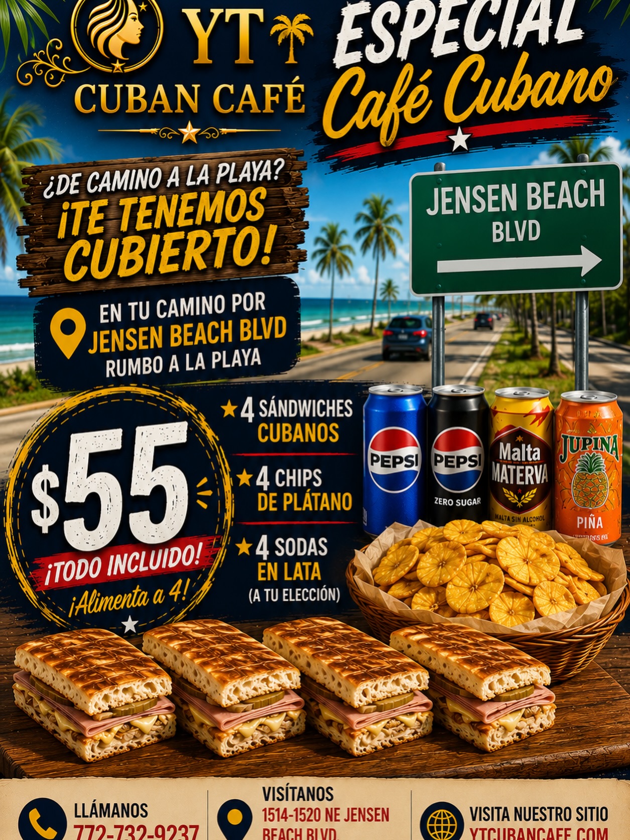 🌴☀️🇨🇺 ¡ESPECIAL PARA LA PLAYA! 🇨🇺☀️🌴
¿Vas camino a la playa por Jensen Beach Blvd? 🏖️
¡Haz una parada rápida en Yanelis Tejeda Cuban Café y lleva comida para toda la familia!
🔥 ESPECIAL DE PLAYA – SOLO $55 🔥
🥪 4 Sándwiches Cubanos
🍌 4 Bolsas de Chips de Plátano
🥤 4 Refrescos en Lata
Escoge entre:
🥤 Pepsi
🥤 Pepsi Zero
🥤 Malta Materva
🥤 Jupiña
✅ Alimenta hasta 4 personas
✅ Perfecto para la playa
✅ Listo para llevar
✅ Hecho fresco al momento
📍 1514–1520 NE Jensen Beach Blvd.
Jensen Beach, FL 34957
📞 772-732-9237
🌐 YTCubanCafe.com
🇺🇸 Negocio Propiedad de Veterano
❤️ Hecho con Amor
☕ Sabor Cubano Auténtico
¡Pasa por tu combo antes de llegar a la arena y disfruta del auténtico sabor cubano en tu día de playa!
#YanelisTejedaCubanCafe #EspecialDePlaya #JensenBeach #JensenBeachFlorida #ComidaCubana SandwichCubano CafeCubano Playa FloridaLife TreasureCoast Jupina MaltaMaterva Pepsi ApoyaLocal NegocioLocal Veterano SaborCubano ComidaParaLlevar BeachDay ComidaLatina HechoConAmor AutenticoSaborCubano FloridaFoodie ComidaFresca BeachVibes 🌴☀️🇨🇺🥪🍌🥤