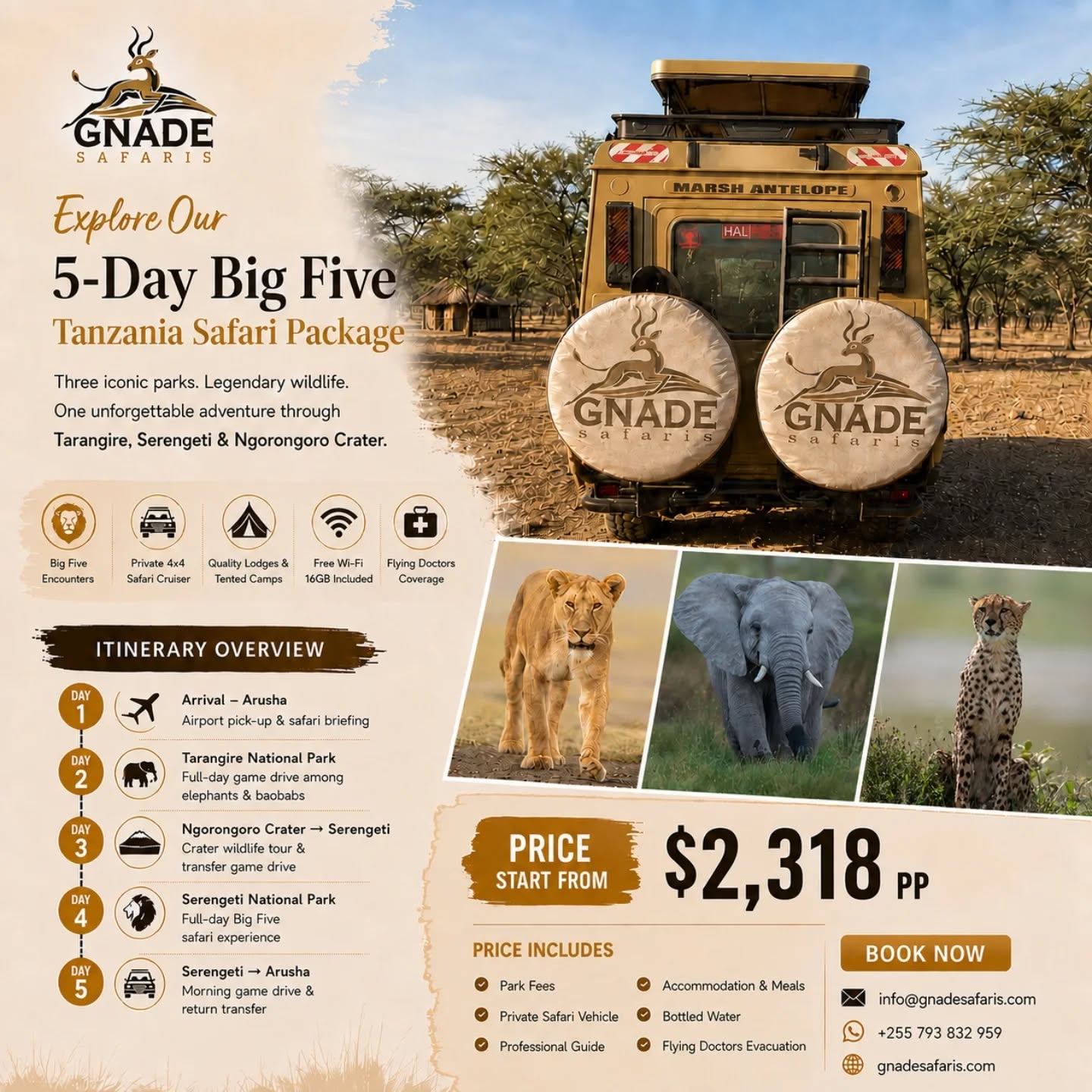 🦁 Experience Tanzania’s Ultimate Big Five Safari!
Discover the best of Tanzania in just 5 days as you explore Tarangire National Park, the endless plains of Serengeti, and the wildlife-rich Ngorongoro Crater.
🐘 Big Five Wildlife Encounters
🌍 Three Iconic National Parks
🚙 Private 4x4 Safari Land Cruiser
🏕️ Handpicked Lodges & Tented Camps
✈️ Flying Doctors Emergency Coverage Included
From massive elephant herds to lion prides and breathtaking landscapes, this safari is designed for travelers who want the complete Tanzania experience without compromise.
Ready for the adventure of a lifetime?
👉 Learn More: https://www.gnadesafaris.com/5-day-big-five-safari-tanzania
#TanzaniaSafari #BigFiveSafari #SerengetiSafari #NgorongoroCrater #gnadesafaris