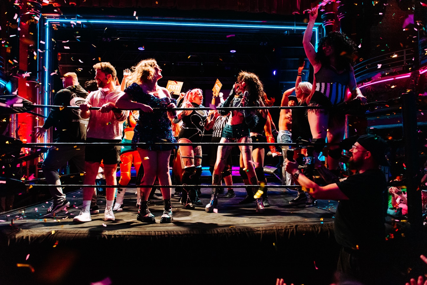 👊 WE DID IT 👊
It’s been a week since we were just pulling up to @theclaphamgrand, dragging in the ring and getting to work building, setting up the merch stall, scheming spots with the wrestlers and setting up chairs with the crew. We’re still sort of processing everything we did to make this show happen, how smoothly it went and how much joy was in that room.
We can’t thank all the wrestlers, performers and crew enough, who made The Big One the spectacular experience it was. We’ve been so lucky to grow an extremely wonderful family of talented, kind and righteous people who give their all to the shows we do - they deserve bigger and better platforms, not just in pride month, but year round. Book them!
Thank you to @theclaphamgrand for taking a chance on us, and their entire team for helping us elevate our show, and being so welcoming to us.
Mainly thank you all! To the fisters who have been there since day one at BGWMC, squeezing in 100 people, for the thumbtacks, The Brenda Agenda and the butt stuff, and also for the new people who took a chance with us for the first time last week. For being so excited for us when we announced this show, for checking in and asking if you could help, and for being understanding when we had hiccups along the way. For everyone who came and screamed til they were hoarse, and everyone who couldn’t come but sent us all their love. The vibe is unmatched at our shows and that’s down to you all, and we couldn’t be more grateful to have found you and to get to fist you, time and time again.
What’s next? A little rest and recooping as Fist Club is run by 5 burned out queers who all work other jobs, but we can say:
SAVE THE DATE
BRISTOL AUG 1st
BRIGHTON SEPT 5th
LONDON HALLOWEEN SPECIAL OCT 24th
We’re also doing one of our socials/film screenings at @thecastlecinema on June 24th now on sale!
Fist you soon and all our love,
Betty, Loose, Rhia, Ash and Cher xx
Photos by @theheaddrop