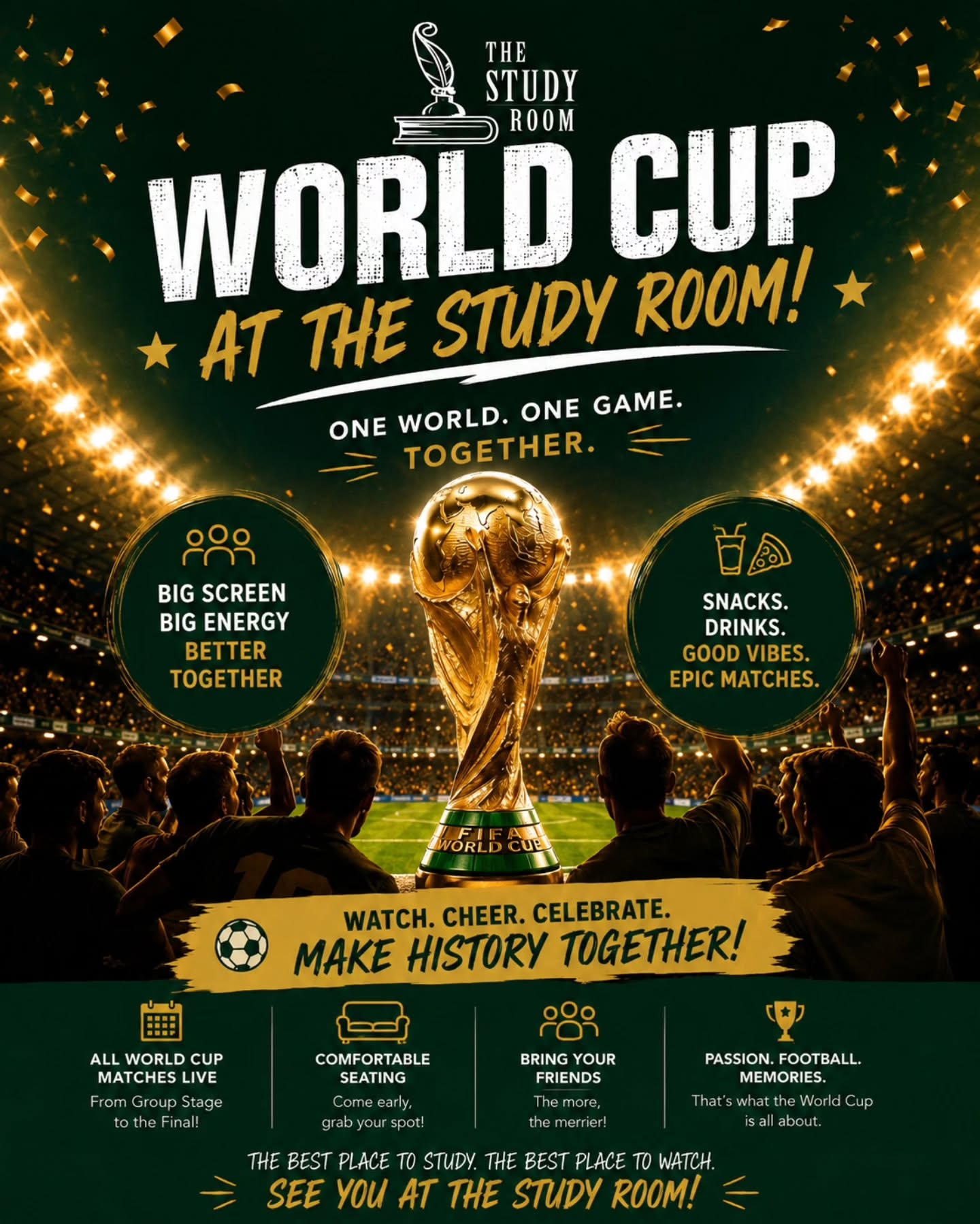 THE WORLD CUP IS COMING TO THE STUDY ROOM ā½š
Join us for every match live on the BIG SCREENS, surrounded by fellow fans, ice-cold drinks, great food, and an atmosphere you won't get at home.
š» Drinks flowing
š Food & snacks available throughout
šŗ Every game shown live
ā½ From the group stages to the final
š Matchday atmosphere, chants, celebrations & unforgettable moments
Whether you're backing your nation, watching with mates, or just love the buzz of tournament football, The Study Room is the place to be.
š Watch. Cheer. Celebrate.
š The Study Room, Lancaster
Tag your football squad and book your table now!