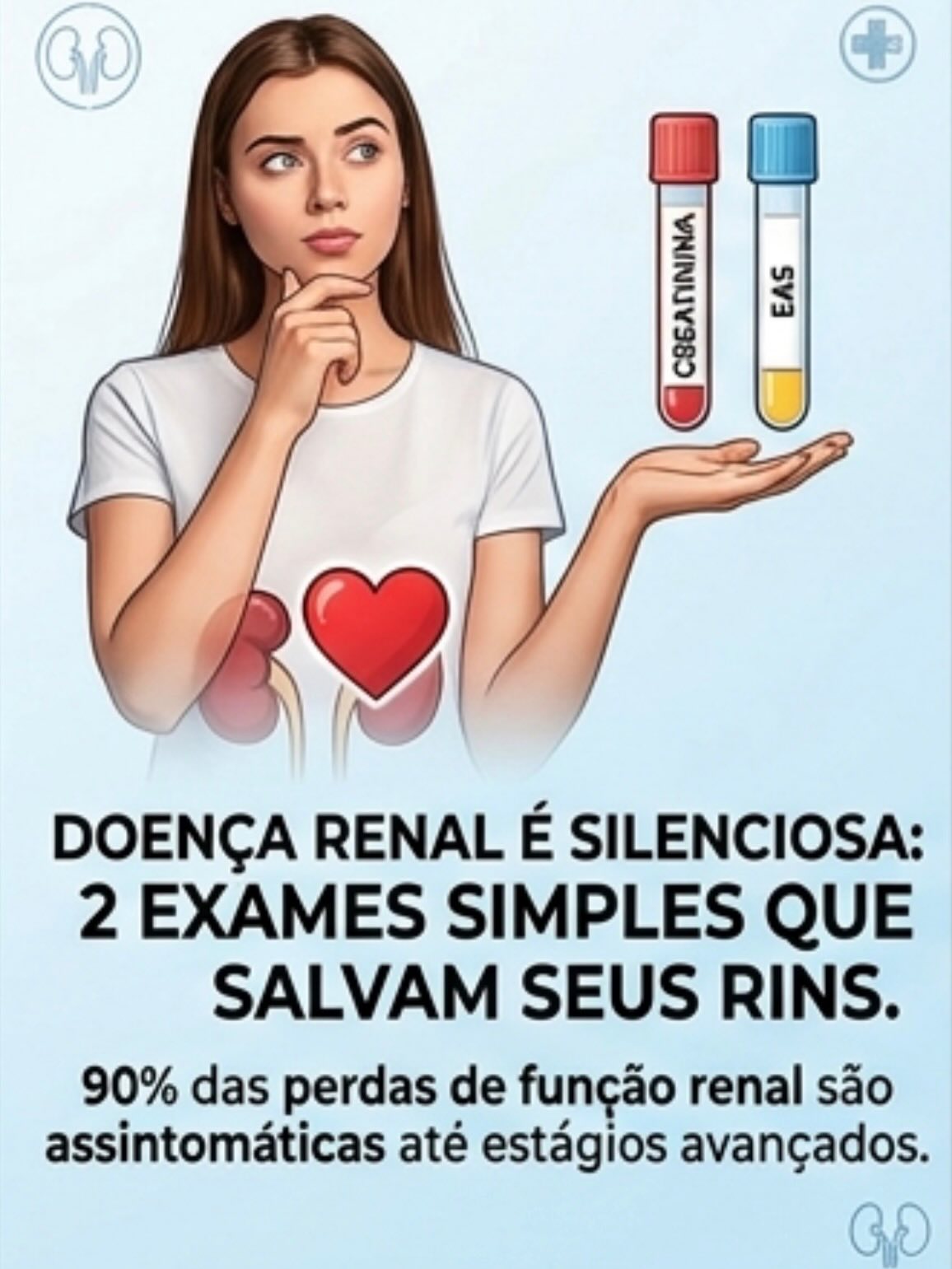 Você sabia que os rins podem perder até 90% da sua função sem dar nenhum sintoma? 😱 Esperar sentir dor ou inchaço para investigar é um erro perigoso.
Arraste para o lado e conheça o “Combo de Ouro” da prevenção renal!