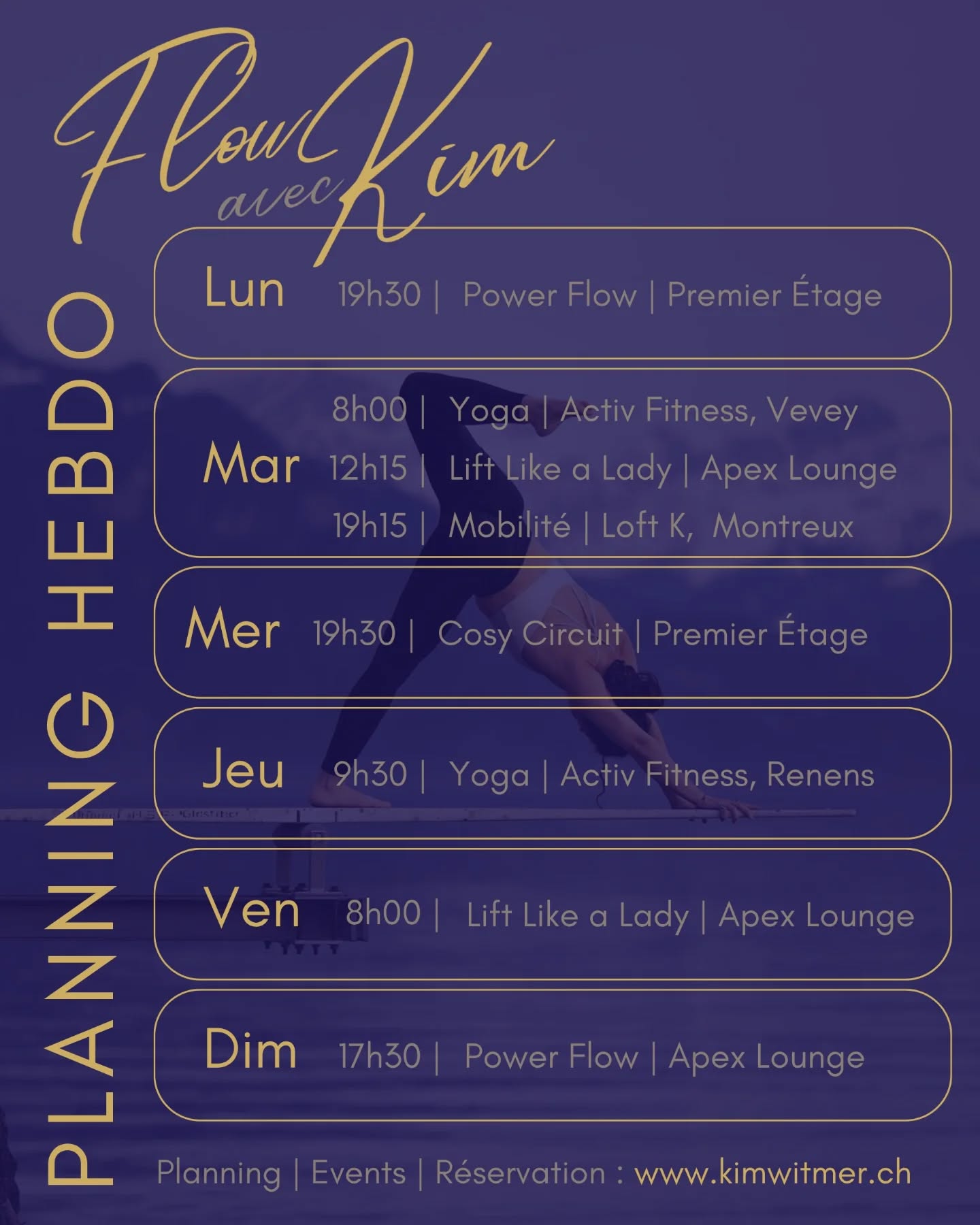 Mes cours sont maintenus pendant la période estivale.
Je vous invite à me rejoindre dans mes studios à Vevey, situés chez @apex.lounge.ch et @premier.etage.vevey.
Mes sessions de Power Flow et de Fitness sont conçues pour s'adapter à tous les niveaux de pratique.
Au plaisir de vous y accueillir.
Infos + inscription : Link en Bio ou kimwitmer.ch