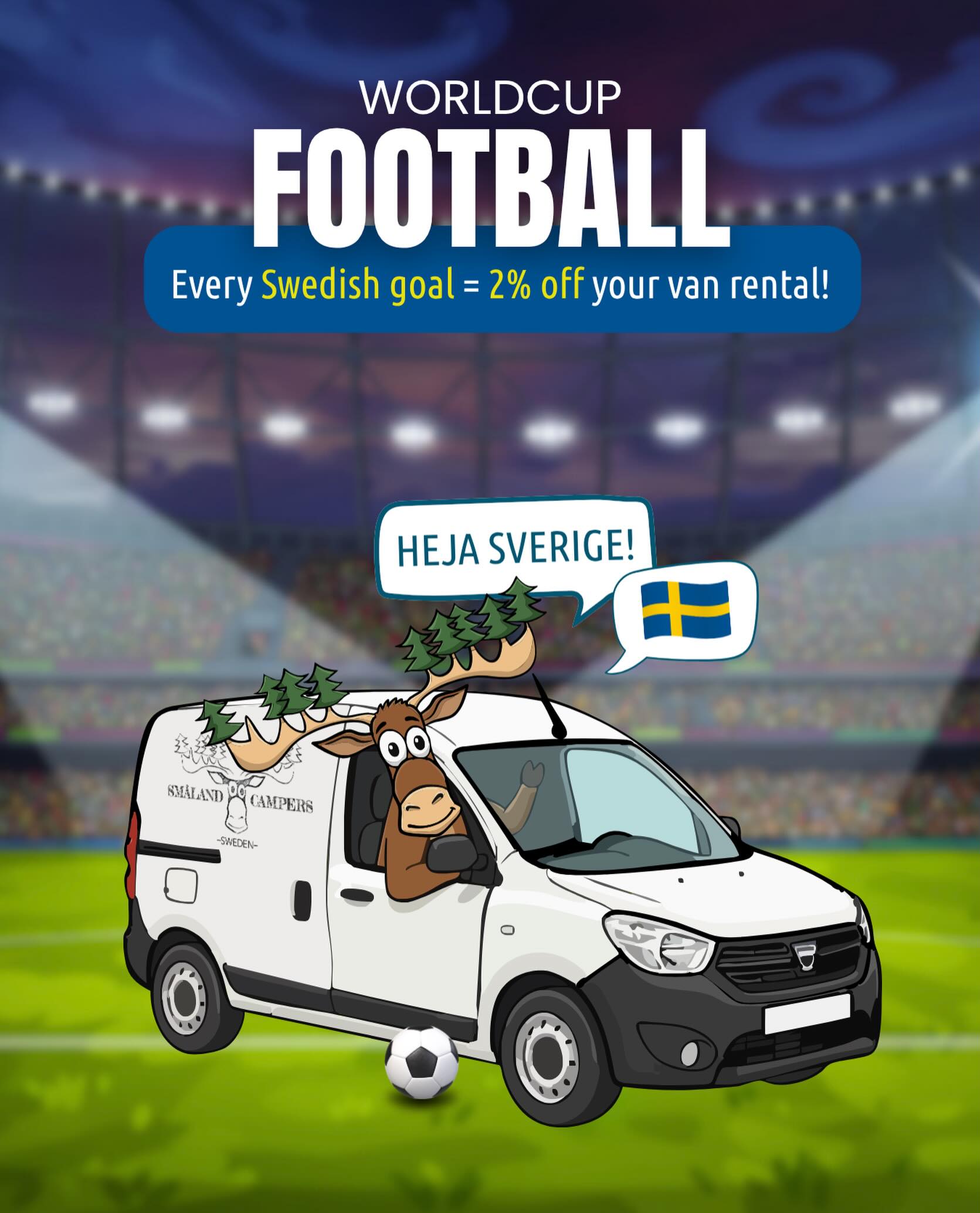 ⚽🇸🇪 World Cup kickoff special!
To celebrate the start of the FIFA World Cup, we’re offering a special deal:
for every goal scored by Sweden, you’ll get 2% off your campervan rental at the end of the tournament 🚐🔥
Let’s cheer for Sweden together!
#WorldCup #SwedenFootball #VanLifeSweden #CampervanRental #fifaworldcup