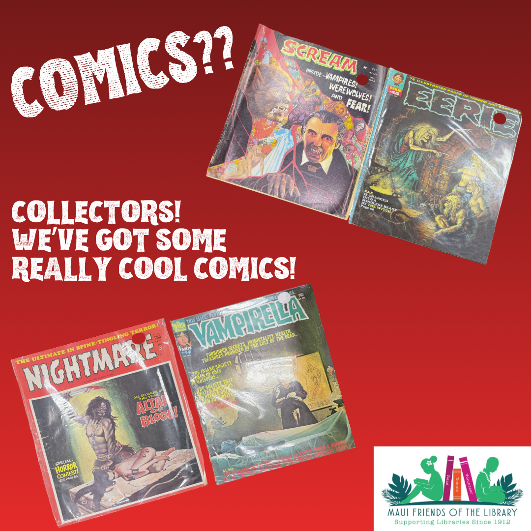 Comic collectors! We just received a large donation of comics! Hurry into your Maui Friends of the Library store and get some before they’re all gone!🐲💥🪐
Locations:
Kihei at 95 E Lipoa
Kahului at Queen Ka’ahumanu Center
Pu’unene at East Camp 5 Rd
Help us out! Every time you LIKE, SHARE and FOLLOW us on Facebook and Instagram it spreads the word in our community about our mission to improve literacy on Maui.
#MauiFriendsoftheLibrary #MFOL #MauiBooks #MauiBookstore #UsedBooks #SupportLocalMaui #BookLovers #Mauinonprofit #Hawaiianbooks #reader #booklover #books #reading #read #kidsbooks #booklovers #usedbooks #Hawaiiana #Mauireads #Mauibooks #libraries #great reads #beachreads #Mauilocal