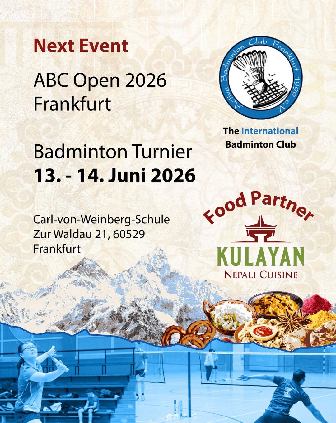 Wir bringen den Himalaya nach Frankfurt. 🏔️🥟
Am 13. & 14. Juni 2026 dreht sich in der Carl-von-Weinberg-Schule alles um Smashes, Drops und Champions – die ABC Open 2026 ist zurück.
Und wir sind als Food Partner mittendrin. 🧡
Das erwartet dich bei uns:
🥟 Frisch gedämpfte Momos – Nepals beste Teigtaschen
🍛 Authentische Currys mit Gewürzen direkt aus dem Himalaya und vieles mehr!
🌶️ Lecker. Scharf. Gesund. – Unser Versprechen.
🥭Mango Lassi & Erfrischungen für die Pausen.
Egal ob du spielst, anfeuerst oder einfach nur vorbeischaust: Komm hungrig. Geh glücklich. ✨
Wir freuen uns auf euch! 🙏
📍 Carl-von-Weinberg-Schule, Frankfurt
📅 13. & 14. Juni 2026
🏸 Powered by @abcfrankfurt
Markiere deine Doppelpartner:in in den Kommentaren – wer kommt mit zum Essen? 👇
#Kulayan #KulayanFrankfurt #ABCOpen2026 #NepaliCuisine #momos