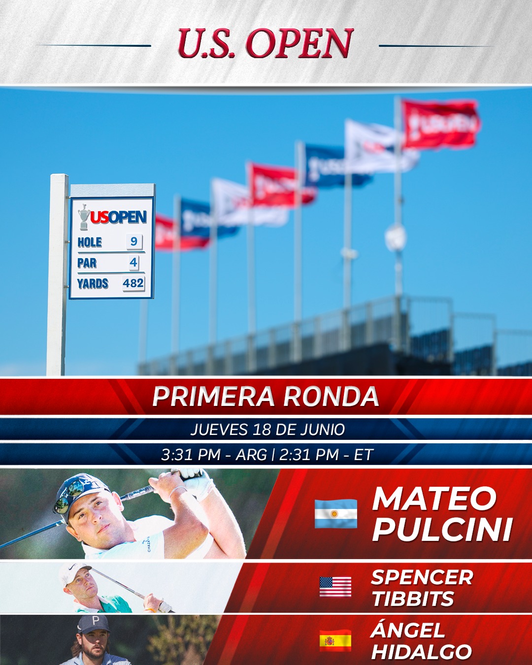 Se acabó la espera. 🔥
Arranca el U.S. Open. ⛳
Tee times de los nuestros. 🕰️
Mateo Pulcini 🇦🇷
Joaquín Niemann 🇨🇱
Alejandro Tosti 🇦🇷
Nicolás Echavarría 🇨🇴
Emiliano Grillo 🇦🇷
Marcelo Rozo 🇨🇴
Carlos Ortiz 🇲🇽
#usopengolf
•
@usopengolf @laac_golf @usga