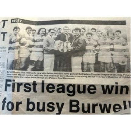 Rolling back the years …..!! to October 1990, 36 years ago and our now retired Chairman and Founder can be seen presenting a new strip to the Burwell Rugby Club. We have come a long way since and Garry looks a lot older now!