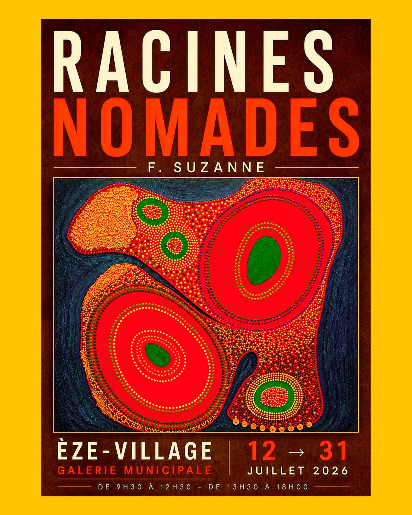 ✨ RACINES NOMADES ✨
Du 12 au 31 juillet, je vous donne rendez-vous à Èze-Village pour découvrir "Racines Nomades".
Des œuvres qui parlent de traces, de chemins, d’ancrage et de liberté.
J'espère vous y retrouver nombreux.
#RacinesNomades #FrançoiseSuzanne #Exposition #ArtContemporain #ArtAbstrait #EzeVillage #CotedAzur #Peinture #ArtisteContemporain #GalerieArt #AbstractPainting