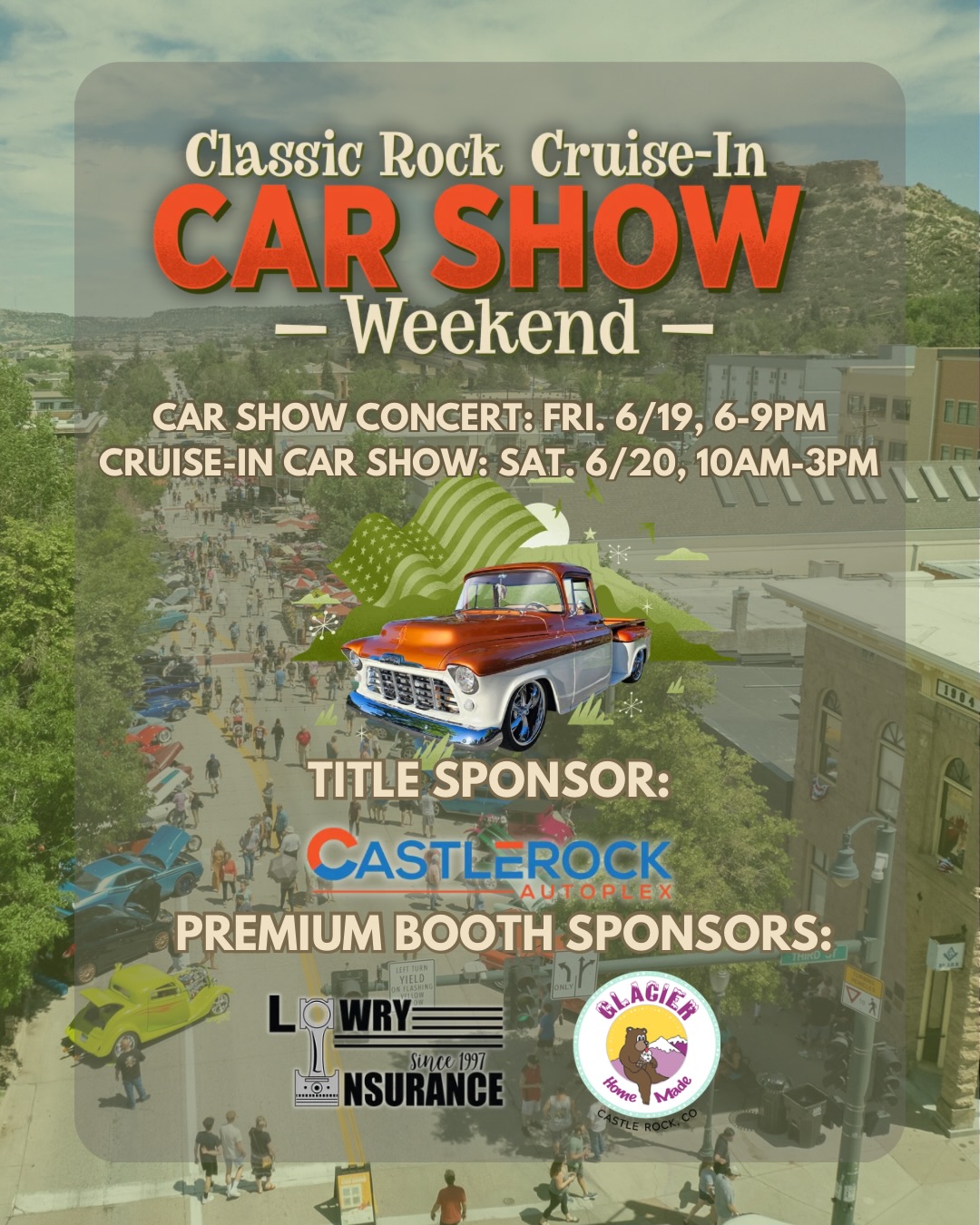 Everything you need to know about the CAR SHOW WEEKEND 🚗 🎸
Live music? Drink tents? Food trucks? Family entertainment?
✅ Check, check, check and check!
🎵 The party starts next FRIDAY, 6-9pm with cars, live music and tasty drinks/grub
🎸 Then the party continues on SATURDAY as more cars line up in Downtown Castle Rock, accompanied with even more live tunes, family entertainment and cold drinks ☀️
Need more info? Head to DowntownCastleRock.com 😎
See you there!
🙌 An extra big shoutout to our sponsors:
TITLE SPONSORS: Castle Rock Autoplex
PREMIUM BOOTH SPONSORS: Glacier Homemade Ice Cream & Gelato and Lowry Insurance
STAGE SPONSORS: Lifetime Home Remodeling, HBS Trash, Park Street Storage, T-Fiber
FAMILY ENTERTAINMENT SPONSOR: HEI Civil, Aloha Fun
COMMUNITY PARTNER: Town of Castle Rock
#downtowncastlerock #castlerock #summerincastlerock #coloradocarshow