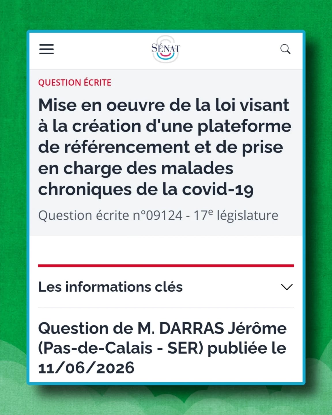 Merci au sénateur @jerome.darras62 de rappeler l’urgence d’appliquer enfin une loi attendue par tant de malades et leurs familles. Nous suivrons avec attention la réponse du Gouvernement et les suites données à cette démarche. 🙏
#CovidLong #ApresJ20 #LoiCovidLong #LoiZumkeller
https://www.senat.fr/questions/base/2026/qSEQ260609124.html