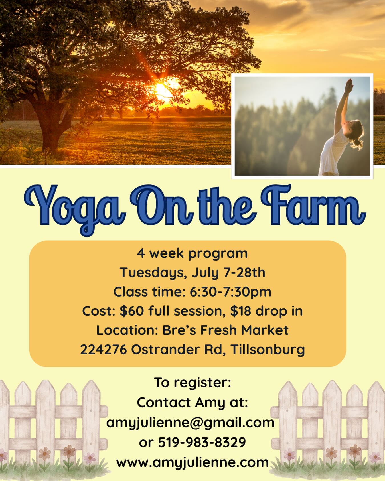 New dates for Yoga on the Farm!! 🚨 ☀️ Starting July 7 @bresfreshmarket 👩🏻🌾
Come enjoy some grounding movement, and nurture yourself in nature this summer in beautiful Ostrander, just outside of Tillsonburg 📍
This all levels yoga class will feature gentle yoga postures, breath work, and guided relaxation practices to nourish you for your week ahead. Classes taught by Amy Rohrer, Registered Yoga Teacher & Nurture Neurosicence Practitioner from The Nurtured Nest 🪺
Details :
4 week program
Tuesdays, July 7-28th
Class time: 6:30-7:30pm
Cost: $60 full session, $18 drop in
Location: Bre’s Fresh Market
224276 Ostrander Rd, Tillsonburg
To register: email Amy at amyjulienne@gmail.com or head to link in bio!
#yogaonthefarm #tillsonburg #mtelgin #oxfordcounty #naturesmedicine