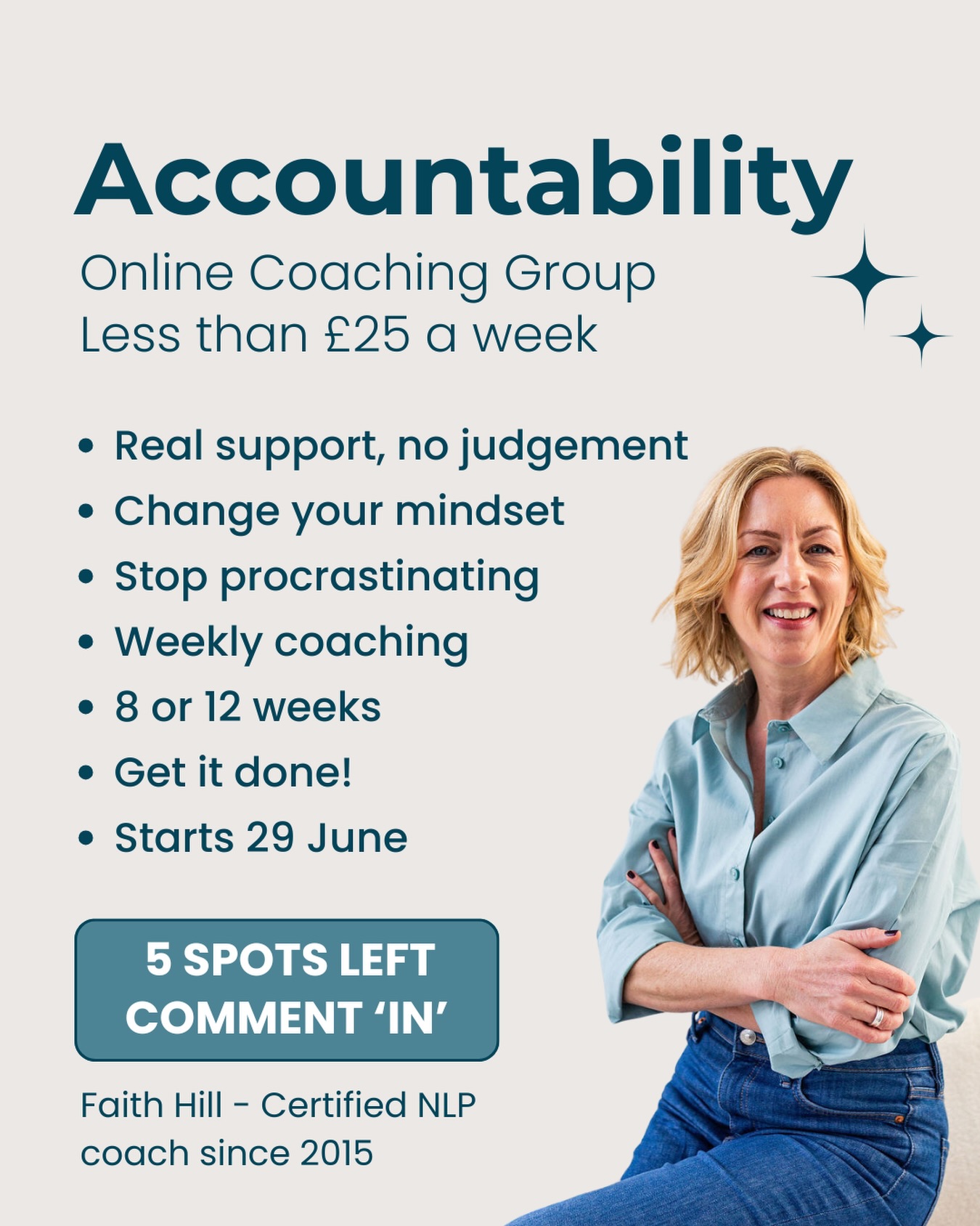 Got a goal you keep putting off? Feeling stuck, not lazy?
Sometimes it’s not motivation you’re missing, it’s the right structure around you.
My next Accountability Coaching Group is built for exactly this. Over 8 or 12 weeks, you’ll have a weekly live group call, a private WhatsApp group and body doubling sessions to help you actually sit down and do the thing, with me coaching you through whatever’s getting in the way.
No guilt, no pressure, no competition. Just consistency and people in your corner.
🪩 Stop starting over every Monday
🪩 Finally make progress on that goal you’ve been putting off
🪩 Weekly group coaching call + non-annoying WhatsApp group
🪩 Body doubling sessions to help you focus
🪩 Mindset coaching
🪩 No judgement, just consistency
“Simply by showing up and following through each week, I built consistency, momentum and confidence - the sense of community made all the difference, even though we all had our own goals.” - Philippa
8 or 12 weeks · Online · From less than £25 a week · Starts 29 June
Only 5 spots left. Comment ‘IN’ and I’ll send you all the details 🪩
#accountability #procrastination #getoutofyourownway #lifecoach #NLPcoach