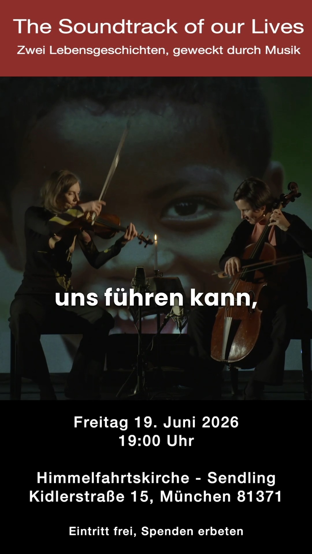 🎻 THE SOUNDTRACK OF OUR LIVES 🎻
Welche Rolle spielt Musik in einer Welt, die von Krieg, Flucht und gesellschaftlichen Spannungen geprägt ist?
Gemeinsam mit der ukrainischen Barockcellistin Hanna Shcherbyna lade ich euch zu einem besonderen multimedialen Konzerterlebnis ein. Ausgehend von unseren eigenen Lebensgeschichten – aufgewachsen in der Ukraine und in Neuseeland, heute in Deutschland lebend – verbinden wir Barockmusik, Klangeffekte, Poesie, Bilder und persönliche Gedanken zu einem Abend über Verlust, Hoffnung, Heimat und Menschlichkeit.
Musik kann keine Konflikte lösen. Aber sie kann Räume öffnen für Begegnung, Verständnis und Mitgefühl.
📍 Himmelfahrtskirche Sendling
Kidlerstraße 15, 81371 München
📅 Freitag, 19. Juni
🕖 19:00 Uhr
🎻 Penelope Spencer – Barockvioline
🎻 Hanna Shcherbyna – Barockcello
Eintritt frei.
#TheSoundtrackOfOurLives #Barockmusik #München #KlassischeMusik #EarlyMusic #BaroqueMusic #Himmelfahrtskirche #Sendling #LiveMusic #MusikVerbindet #Konzert #MunichEvents #HistorischeAufführungspraxis #Barockvioline #Barockcello #MusikUndMenschlichkeit