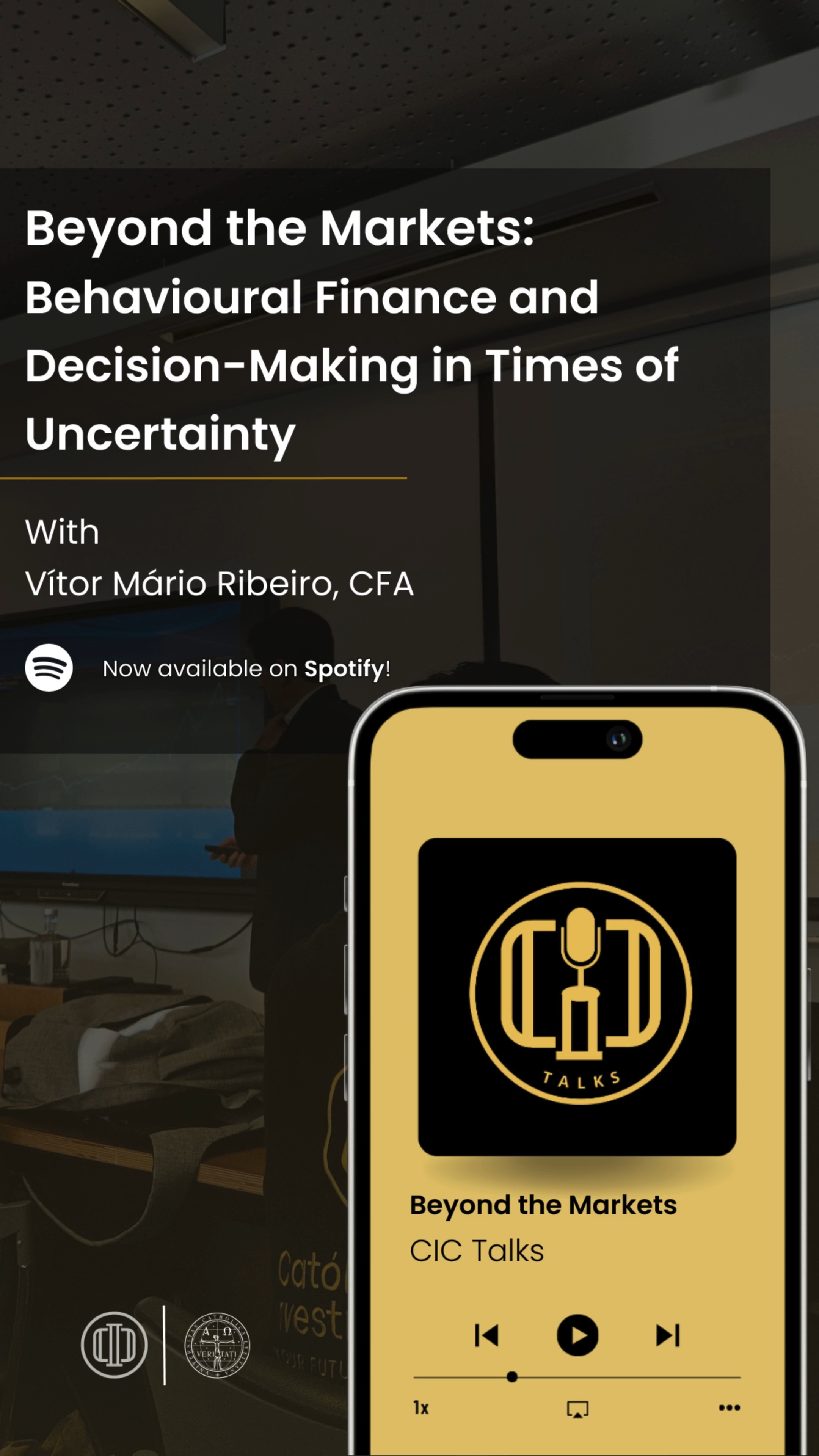 Our latest CIC Talks episode is now available on Spotify.
A special thank you to Vítor Mário Ribeiro, CFA, for joining us and sharing his insights on behavioural finance, decision-making under uncertainty, and the role psychology plays in financial markets. His perspective provided valuable reflections on how individuals and investors navigate complex environments.
Listen now on our Spotify.
Católica Porto Investment Club
Your future. Your choice.