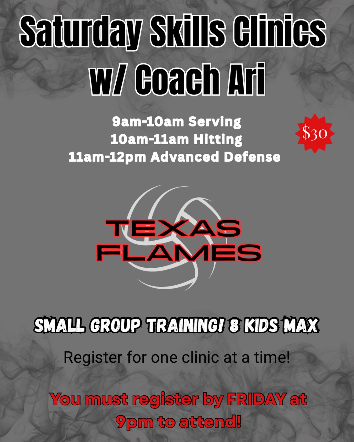 Some amazing skills clinics are happening every Saturday! 🔥 Small groups = high reps!
Anyone can attend the serving clinic! 🏐 Hitting clinic is for intermediate & advanced athletes. Advanced defense is for advanced athletes! Hope to see you there! Register through our booking site @ texasflamesvolleyball.com