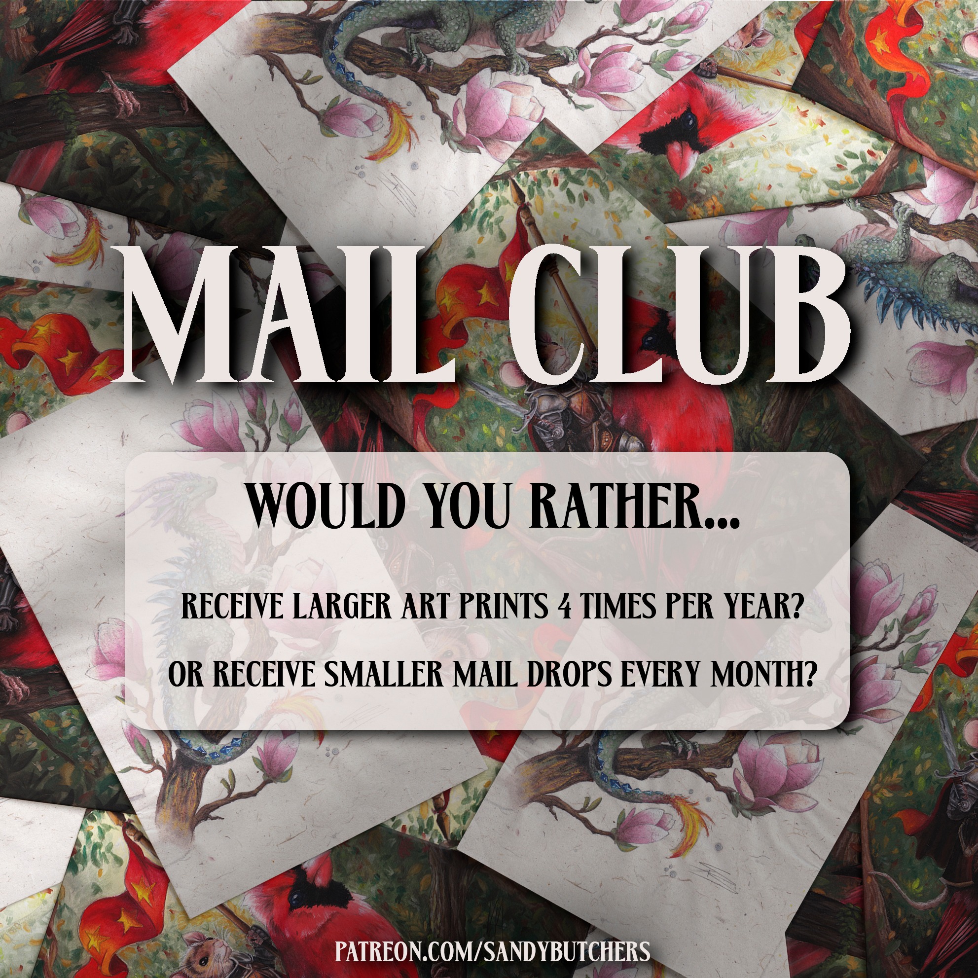 Some of you may have noticed that mail clubs are suddenly trending. Ha! Joke's on them, because I started a mail club WAY before Instagram decided it was cool 😂 (in 2021 to be precise).
But, considering that I'd like my platform to grow (there hasn't been much growth for over 2 years now), I was thinking of maybe changing things around a bit to make it more attractive/accessible for people to subscribe. So here are the options I'm considering...
- Keep the mail club as it currently is with quarterly goodies. These goodies can be (A4) art prints, sticker packs/merch, and/or a full art calendar in Q4.
- Switch to smaller, monthly mail drops that contain postcards, smaller block prints, stickers, AND a written addition that fits the theme of the art for that month. Basically: you'll get mail more often, but it'll come in smaller packages.
Please let me know what you would prefer in the comments!
#mailclub #artmail #mailart #vote