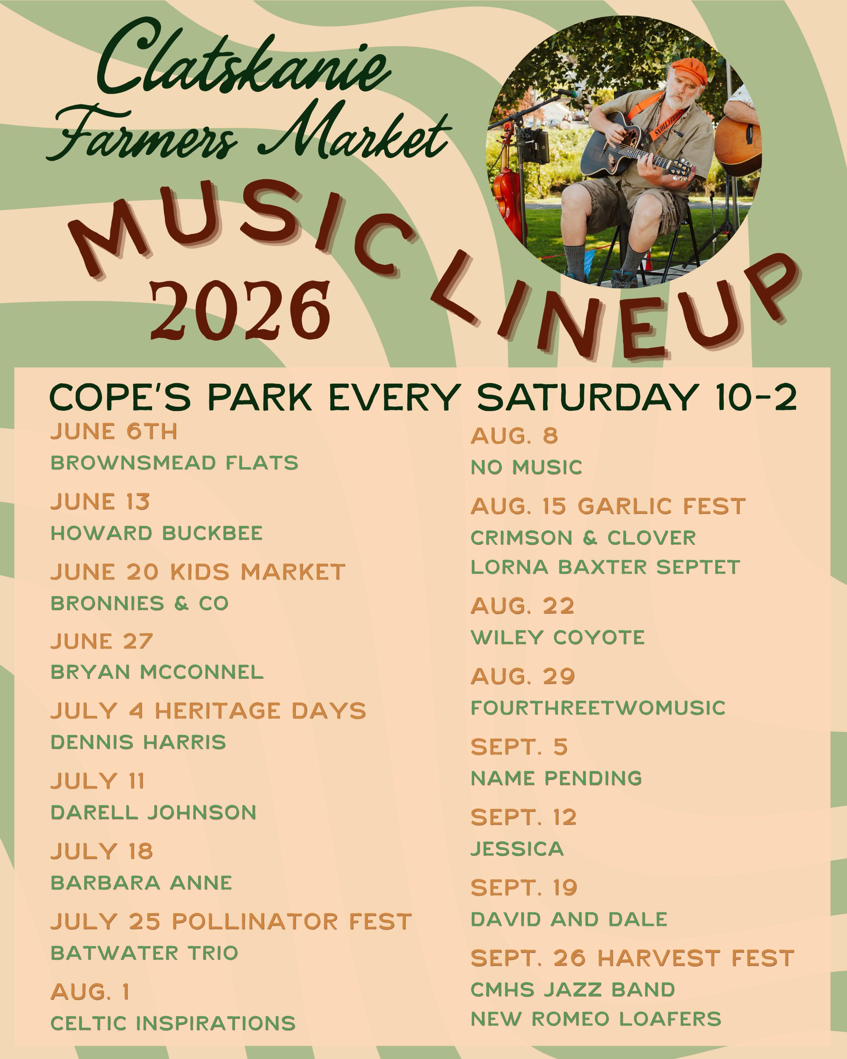 Music lineup for this market season!
A different musician every Saturday. Bigger bands and expanded entertainment on festival days.
Thank you to all of the artists who will be joining us this season and helping make market day so vibrant!
Every Saturday, June through September
10am-2pm in Cope’s Park
Festival Days:
July 25 • Pollination Celebration
August 15 • Garlic Festival
September 26 • Harvest Festival
10am-3pm
See you at market!