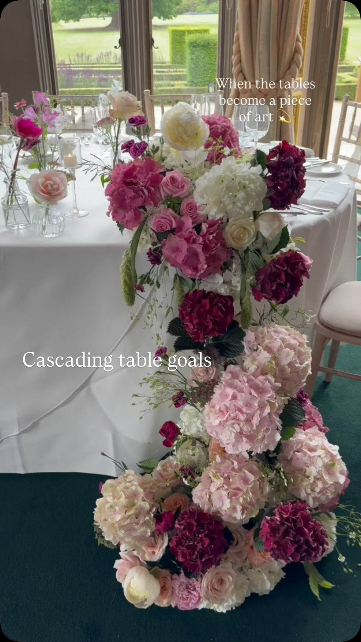 Brides- save this for your tablescape inspo✨
This cascading design was all about soft pinks, deep burgundies and clouds of hydrangea spilling right onto the floor. Paired with delicate bud vases down the table for that effortless, garden-gathered teel.
I’m obsessed with how this turned out — soft, lush, and a little bit dramatic in the best way.
Which detail is your fave- the cascade, the flowers (those peonies!), the colours or the drama?!
#weddingflowers #weddingflorist #weddinginspiration #tabledécor #cascadingflowers