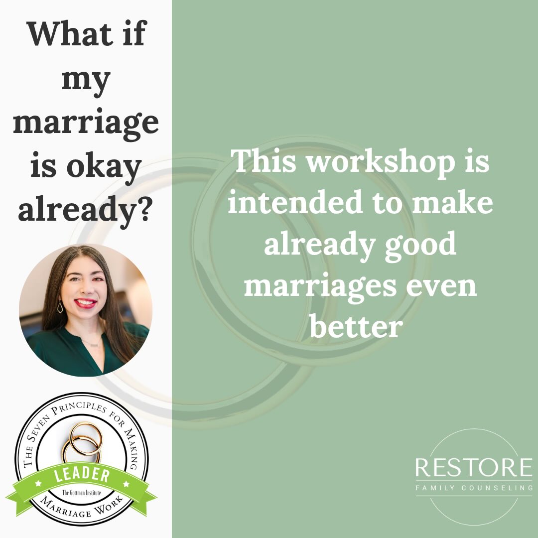 Restore Family Counseling will be hosting an exciting two-day couples workshop hosted by Kacy Combest, LPC. The Seven Principles for Making Marriage Work Workshop will provide tools to practice at home intended to make good marriages even better. We believe it’s better to thrive in your marriage than to simply survive in your marriage!
The virtual workshop includes lectures, demonstrations, videos and private couples exercises. The activities are fun, insightful and informative. And there is no need to worry about sharing your personal problems in front of others… we don’t do any group sharing at this workshop.
Workshop Details
When: July 18th-19th
Time: 1PM-5PM CST
Price: $299 per couple
For registration and more information, please call 903-415-5757 or email staff@restorecounselingtyler.com