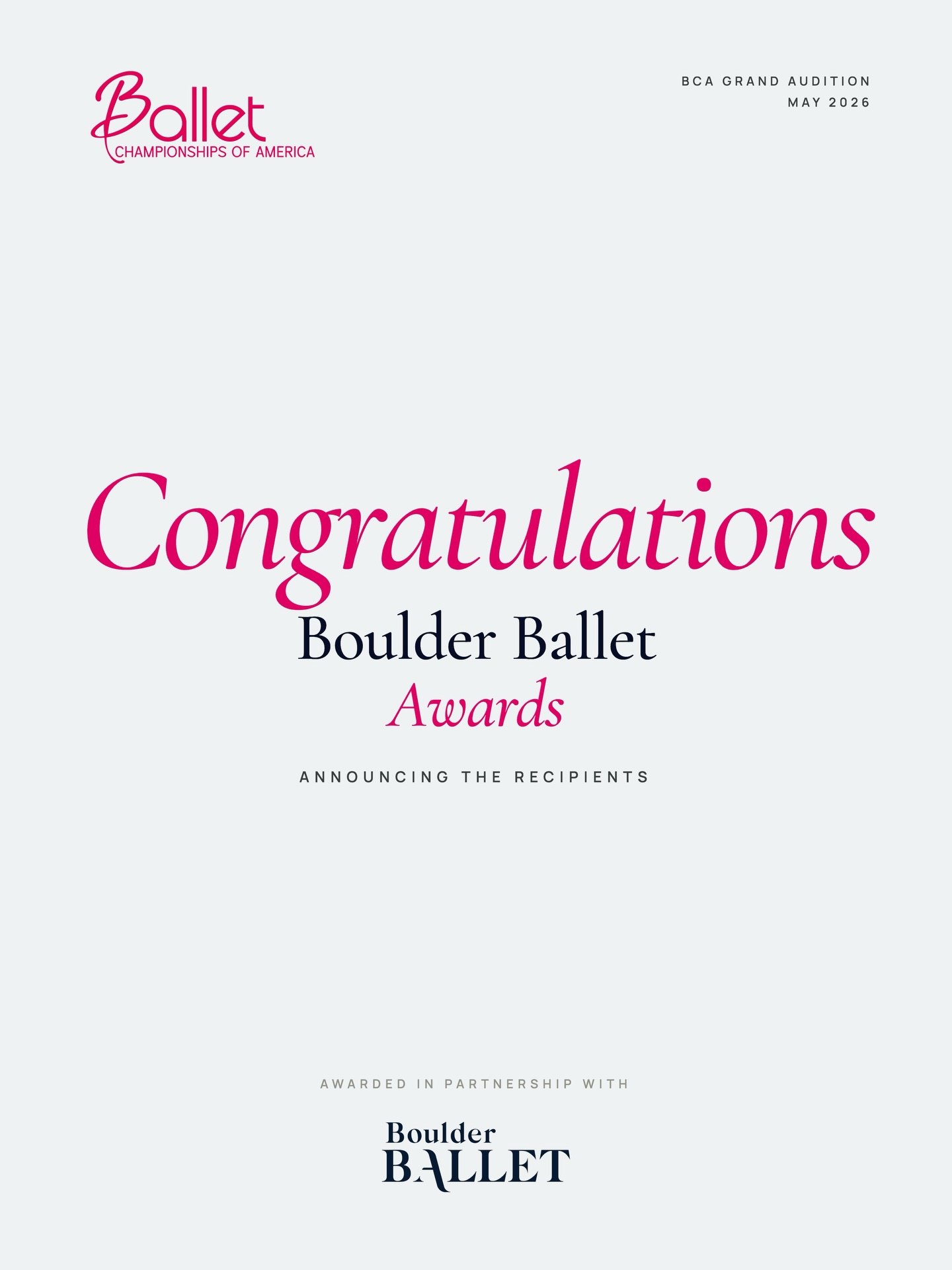 Congratulations to our Boulder Ballet Award recipients from the BCA Grand Audition 2026. @boulder_ballet
We are honored to announce these special opportunities awarded in partnership with Boulder Ballet and Artistic Director Ben Needham-Wood. @benneedhamwood
Boulder Ballet Company Training Invitation
Sedona Blankstein-Otloski @sedona_dancer.15
Denver Academy of Ballet @denveracademyofballet
Awarded an invitation to train with the Boulder Ballet Company for one week during the 2026/27 season.
Career Consultations
Dean Johnsey
Perfect Pointe @perfectpointedance
Awarded two one-hour career consultations with Ben Needham-Wood to discuss career plans, professional development, and trajectory.
At BCA, our mission is to help dancers feel seen and supported, and opportunities like these are exactly why the Grand Audition is such an important part of the BCA experience.
A heartfelt thank you to Ben Needham-Wood and the entire team at Boulder Ballet for supporting young artists and helping create meaningful pathways for their growth.
Congratulations, Sedona and Dean. We are so proud of you! ❤️🎉💐