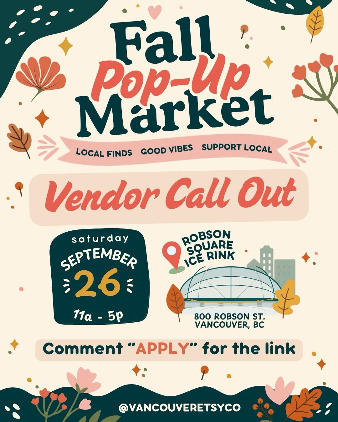 ✨ Our Fall Pop Up is Back at Robson Square Ice Rink ✨
September 26 · Robson Square Ice Rink · 800 Robson Street, Downtown Vancouver 📍
The longest day of the year is approaching - and while it may still feel too soon to think about fall and the holidays; this is the perfect time to start planning for the busiest selling season of the year.
⭐️ VENDOR APPLICATIONS NOW OPEN! See the applications for all the details!
⭐️ MINI MAKERS APPLICATIONS OPEN TOO: Got a young maker in your life? This one’s for them. Little hands, big dreams
Applications close Jun 30 — comment APPLY to get application link sent straight to your DMs! 💌
✨ More event details coming soon — stay tuned! 🌸