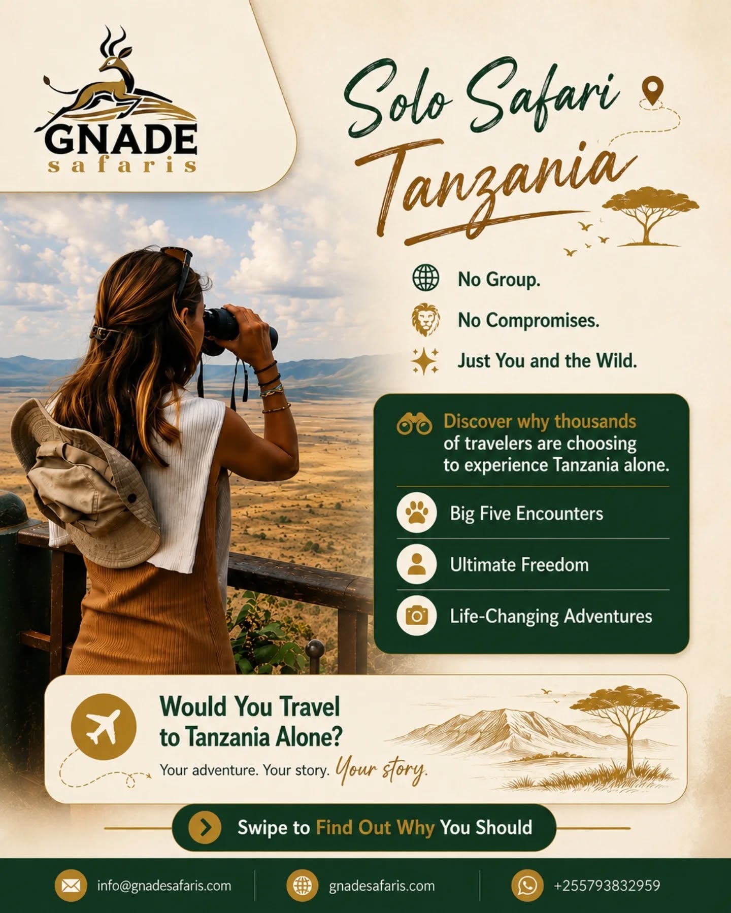 🌍 Thinking about traveling solo? A Tanzania safari might be the best adventure you'll ever take.
Wake up to Serengeti sunrises, enjoy game drives at your own pace, meet fellow travelers around the campfire, and experience the wild with complete freedom.
Whether you're a solo male or female traveler, Tanzania offers unforgettable wildlife, welcoming people, and life-changing experiences.
Read the complete guide here:
https://www.gnadesafaris.com/post/solo-safari-tanzania
#SoloSafari #SoloTravelTanzania #TanzaniaSafari #SerengetiSafari #GnadeSafaris