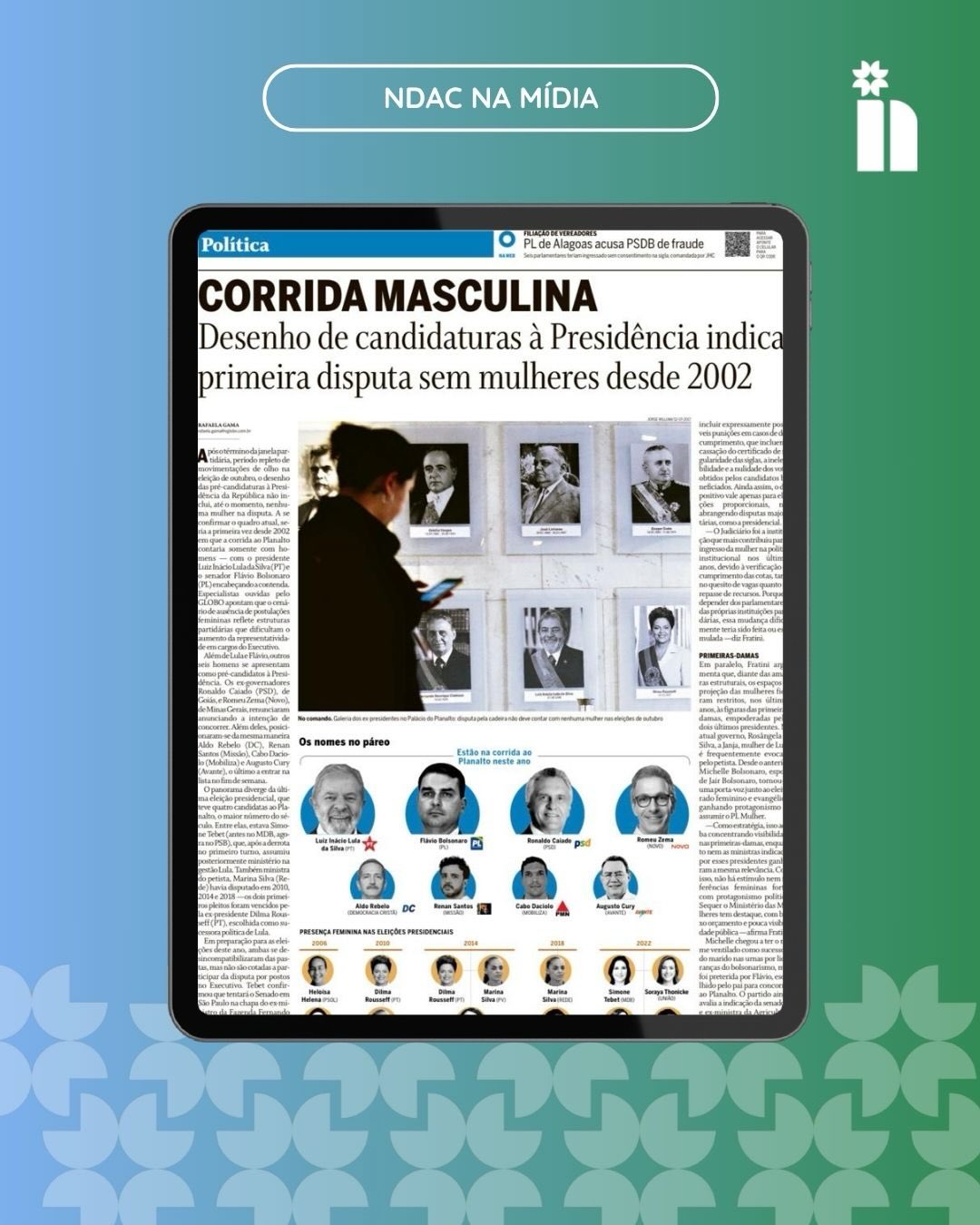 📢 NDAC NA MÍDIA
Pela primeira vez desde 2002, a disputa presidencial pode ocorrer sem mulheres entre as principais candidaturas ao Palácio do Planalto. A reportagem do jornal O Globo analisa o cenário das eleições de 2026 e os desafios para a ampliação da representação feminina na política brasileira.
A matéria ouviu a cientista política e pesquisadora do NDAC, Lilian Sendretti, que destaca como as estruturas partidárias ainda são majoritariamente masculinas, dificultando o acesso das mulheres aos espaços de decisão e às candidaturas competitivas. A reportagem também reúne análises de outras especialistas sobre os obstáculos à representação feminina na política institucional.
🔗 Confira a reportagem completa através do link na bio