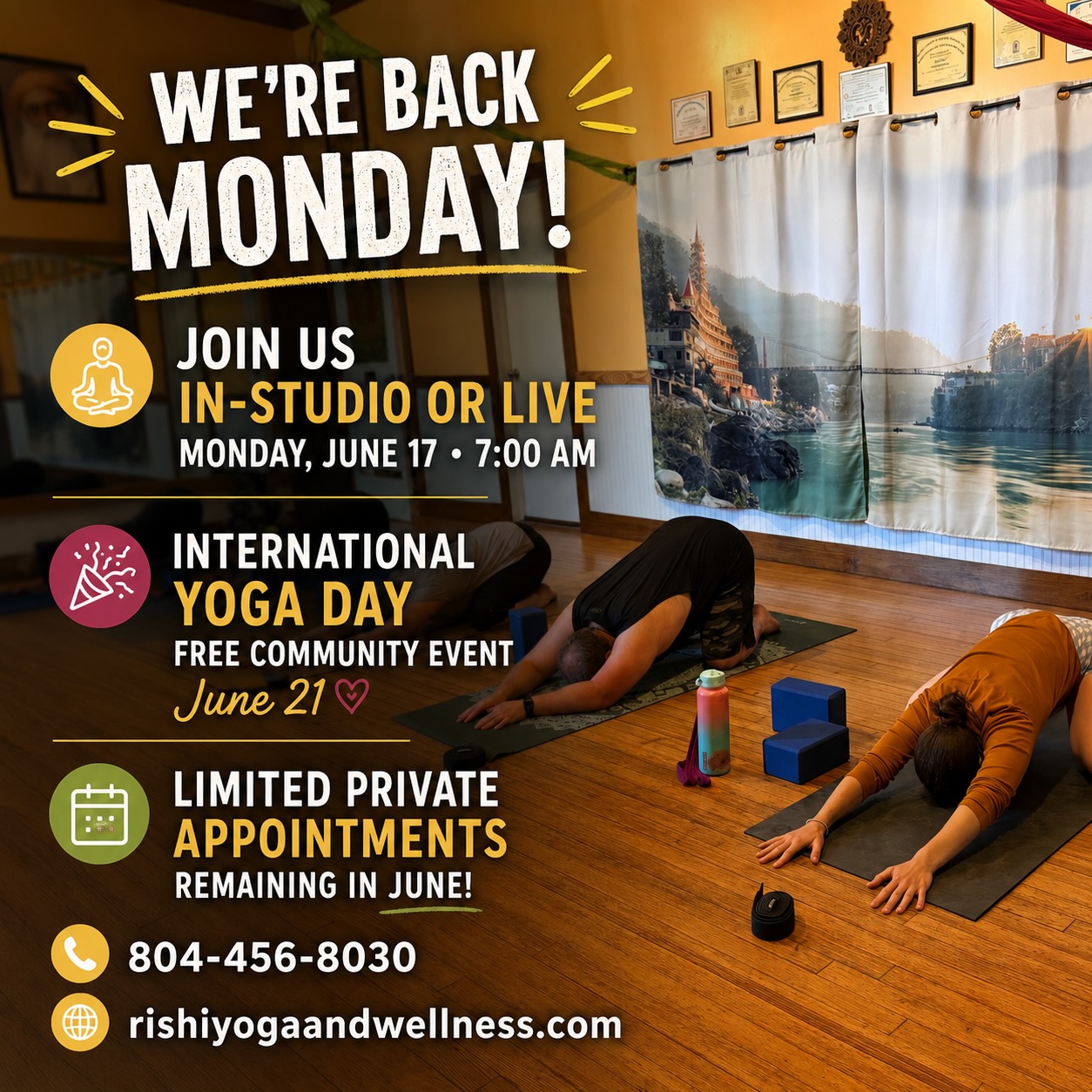See you Monday (15th! Oops Typo)! Everyone is welcome ☀️ Links & Details 👇🏽
*
💻 Join Livestream: https://www.rishiyogaandwellness.com/service-page/traditional-yoga-livestream
*
🗓️ Welcome Summer in the Park! 4th Annual Free Yoga Day Event: https://www.rishiyogaandwellness.com/event-details/yoga-in-the-park-international-yoga-day-summer-solstice
*
🧘🏾 Book Privates (Few appointments left in June, July open for bookings!): 804-456-8030
*
#NorthernNeckVA #InternationalYogaDay #NNKVA #onlineyoga #YogaVirginia