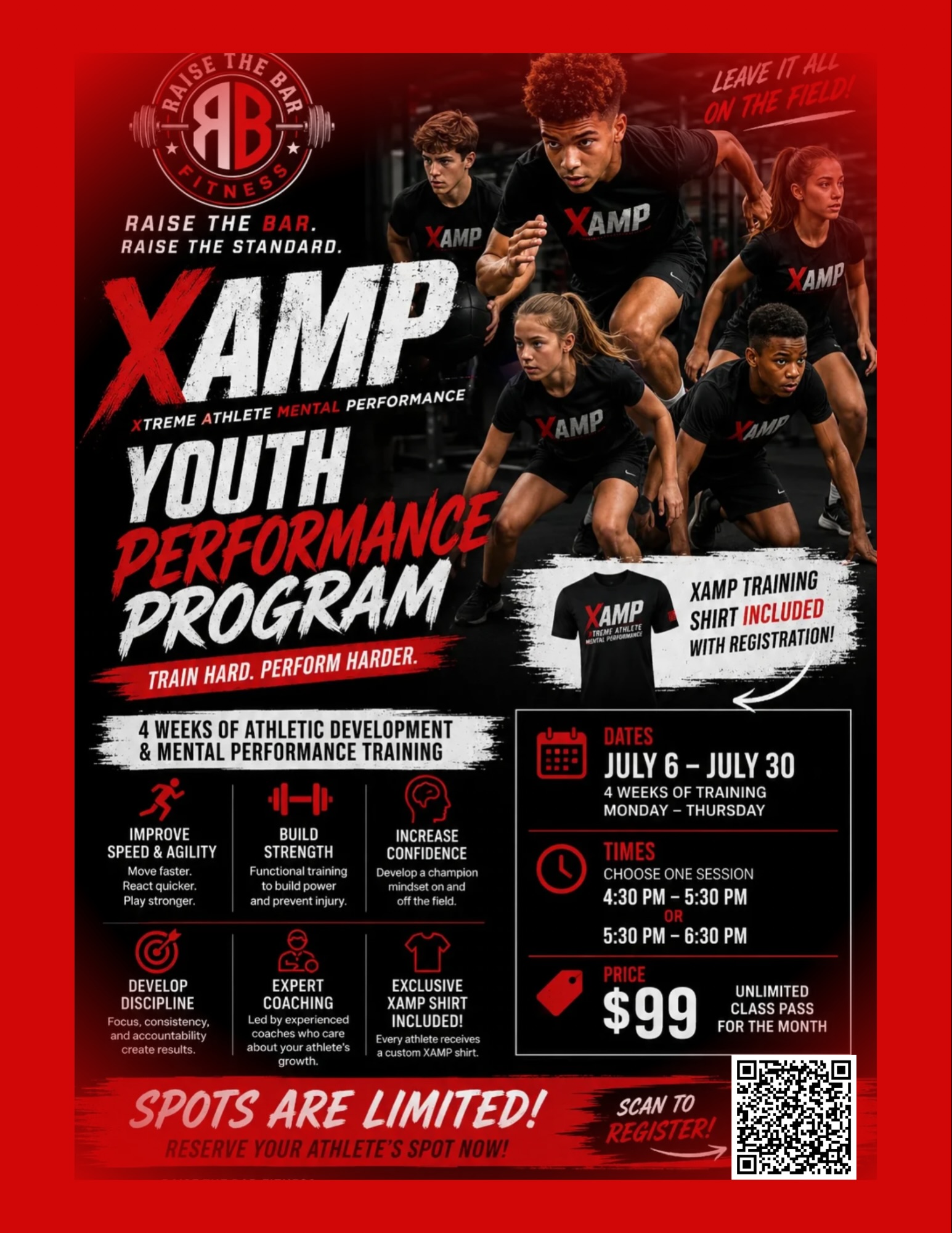 🏆 More Than Sports Training. It’s Character Training.
Every parent wants their child to be stronger, more confident, and prepared for life’s challenges.
That’s why we created XAMP (Xtreme Athlete Mental Performance).
Over 4 weeks, athletes will learn how to:
🔥 Push through challenges
🔥 Build confidence under pressure
🔥 Develop discipline and accountability
🔥 Improve speed, agility, and strength
🔥 Train with purpose and intensity
Whether your child is preparing for their next season or simply wants to become a better athlete, XAMP helps develop the mindset and work ethic that creates long-term success.
✅ 4 Weeks of Training
✅ Expert Coaching
✅ Unlimited Classes for the Month
✅ Exclusive XAMP Training Shirt Included
📅 July 6 – July 30
💲 Only $99
⚠️ Spots are limited.
Scan the QR code or contact Raise The Bar Fitness to reserve your athlete’s spot today.
#XAMP #RaiseTheBarFitness #YouthAthlete #YouthSports #AthleteDevelopment
