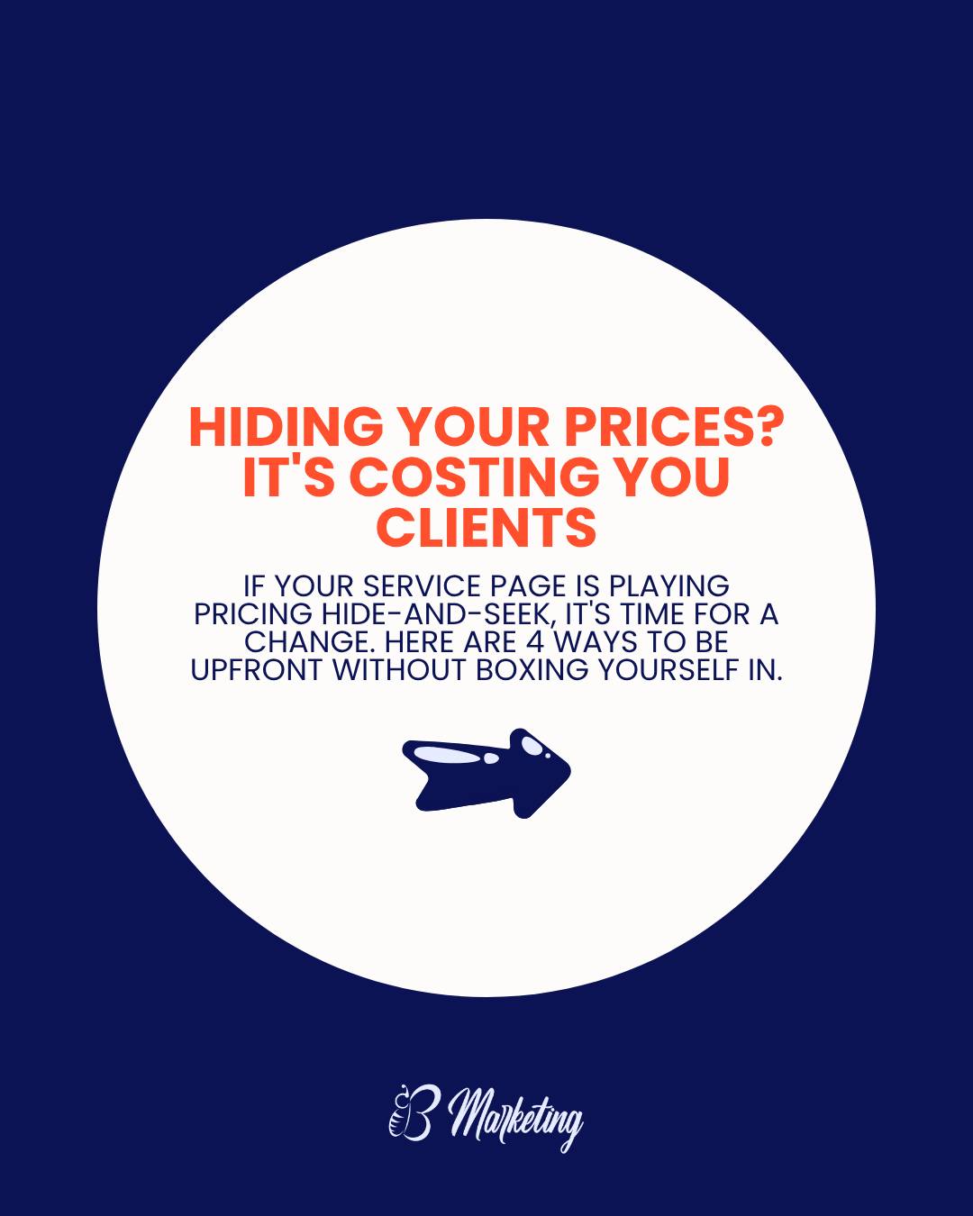 Pricing hide-and-seek is a game nobody wins. 🐝
If "it depends" is the only answer on your pricing page, your dream clients are guessing. And guessing usually leads to one of two things: they assume they can't afford you, or they walk away before the conversation even starts.
The good news? Transparency doesn't mean boxing yourself in. Swipe for simple ways to share your pricing with confidence, even when every project is custom.
Want the full breakdown, including exactly how we handle pricing? www.thebmarketing.com/post/price-transparency (found on our blog - link in bio)
#BMarketing #SmallBusiness #PriceTransparency #SmallBusinessTips #ServiceBusinessTips #ClientExperience #MarketingStrategy #Entrepreneur
