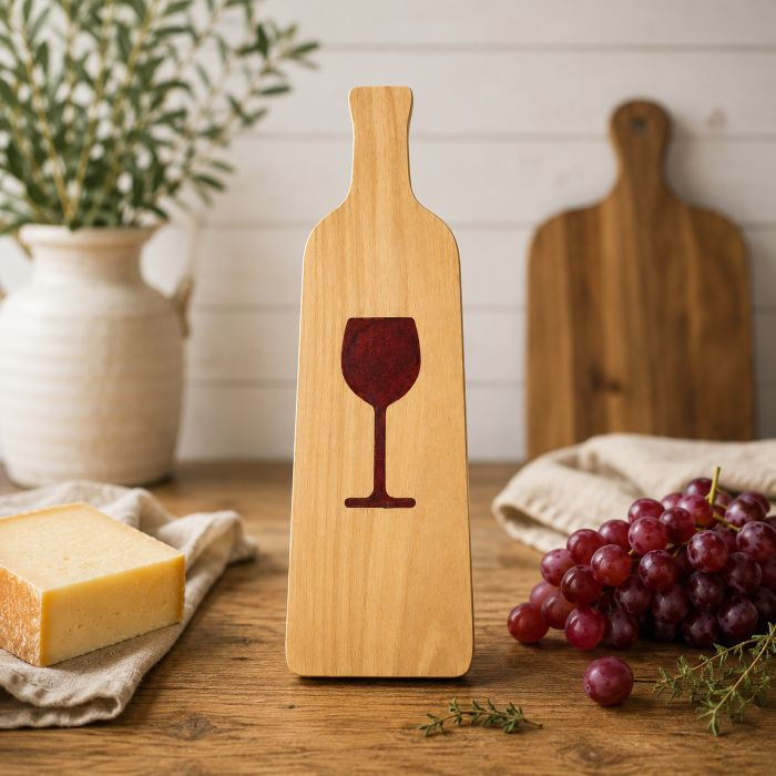 Make every spread a conversation starter — our Wine Bottle Shaped Cheese Board is handcrafted from reclaimed or select hardwood with an optional wine glass inlay. 18.5" x 5" x 1" of rustic elegance for your wine nights and dinner parties. Link in Bio ✨ #Charcuterie #CheeseBoard #HandmadeHome #RusticDecor #WineNight #SmallBusiness