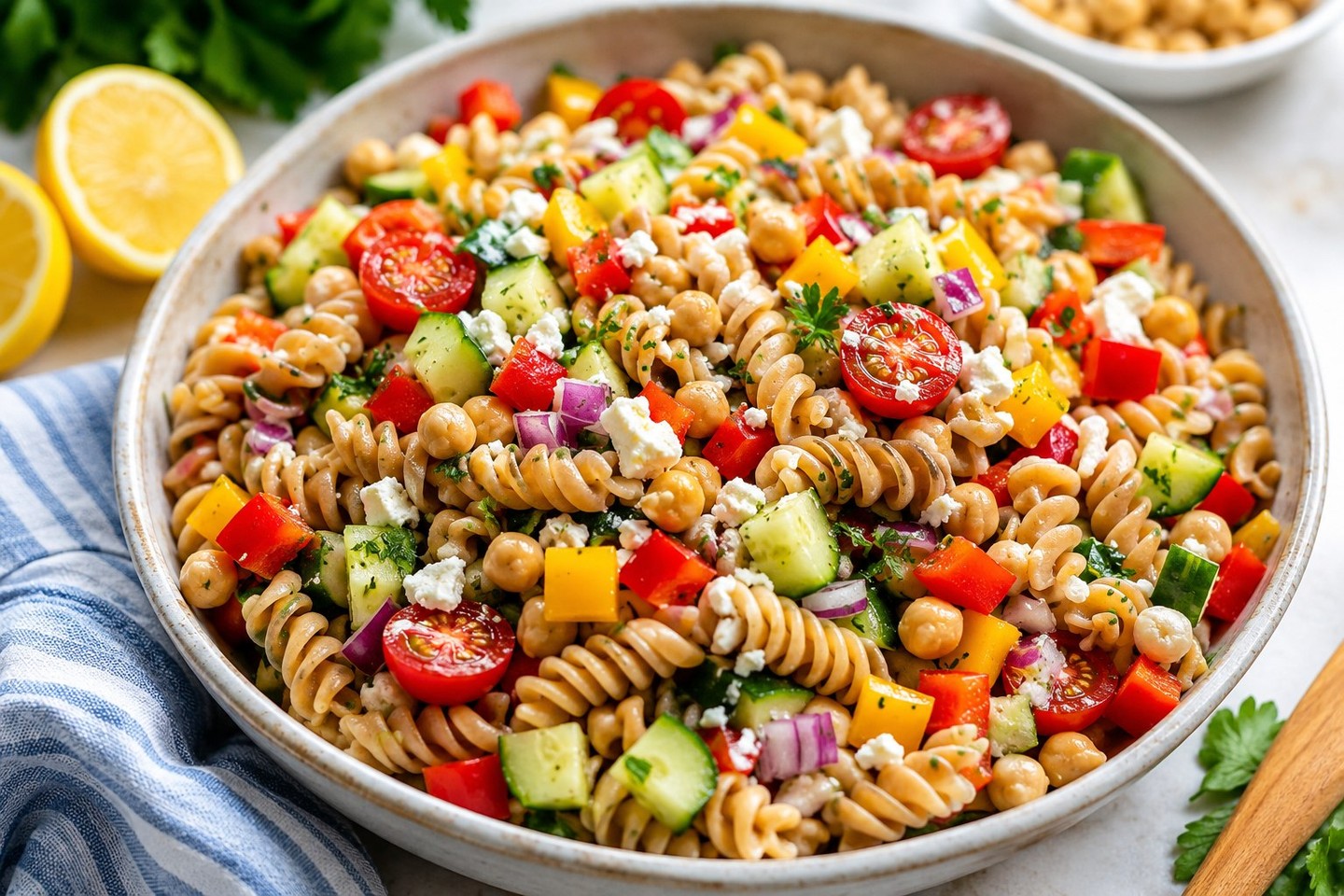 "Summer Garden Rotini Salad: Fresh, Filling & Perfect for Hot Days" 🌞🥗🍅
Makes: 8 servings
Serving Size: About 1½ cups
Ingredients
12 oz whole grain rotini, cooked and cooled
2 cups cucumber, diced
2 cups cherry tomatoes, halved
1 cup red bell pepper, diced
1 cup yellow bell pepper, diced
½ cup red onion, finely diced
1 cup chickpeas, drained and rinsed
½ cup reduced-fat feta cheese, crumbled
¼ cup fresh parsley, chopped
Dressing
¼ cup extra virgin olive oil
3 tablespoons red wine vinegar
2 tablespoons lemon juice
1 teaspoon Dijon mustard
1 teaspoon honey
1 teaspoon Italian seasoning
½ teaspoon garlic powder
½ teaspoon salt
¼ teaspoon black pepper
Directions
Cook pasta according to package directions. Drain and rinse under cold water.
In a large bowl, combine pasta, cucumber, tomatoes, peppers, onion, chickpeas, feta, and parsley.
Whisk together all dressing ingredients.
Pour dressing over salad and toss well.
Refrigerate at least 30 minutes before serving.
Nutrition Information
Per 1½-cup serving
Calories: 285
Protein: 10g
Carbohydrates: 35g
Fiber: 7g
Sugar: 5g
Fat: 12g
Saturated Fat: 2.5g
Cholesterol: 8mg
Sodium: 320mg
Coach Paris Protein Boost Option
If you want this to work as a complete meal, add:
2 cups grilled chicken breast, diced
New Nutrition Per Serving
Calories: 345
Protein: 21g
Carbohydrates: 35g
Fiber: 7g
Fat: 13g
This version is especially filling and fits well with the Power of 13 approach because it includes:
✅ Whole grains
✅ Vegetables
✅ Healthy fats
✅ Fiber
✅ Protein
✅ Great make-ahead option for busy summer weeks