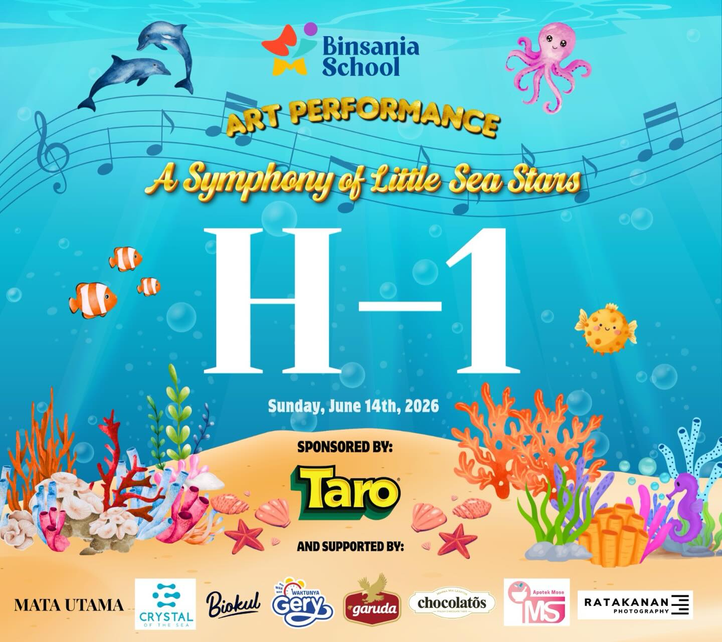 ✨🌊 H-1 menuju A Symphony of Little Sea Stars!🌊✨
Besok adalah hari yang kami nantikan! 💙🎶
Bintang-bintang kecil kami siap bersinar, menampilkan kreativitas, semangat, dan kerja keras mereka di atas panggung. ⭐🐠
Mari bergabung dan saksikan momen spesial yang penuh warna, musik, dan keceriaan dalam A Symphony of Little Sea Stars Kami tidak sabar bertemu dengan Ayah, Bunda, dan keluarga tercinta untuk merayakan penampilan terbaik anak-anak hebat kami! 🌟🐬
📅 Minggu, 14 Juni 2026
🎭 A Symphony of Little Sea Stars
💫 Hitung mundur tinggal 1 hari lagi!
#H1 #ASymphonyOfLittleSeaStars #BinsaniaSchool #ArtPerformance #LittleSeaStars ReadyToShine 🌊✨⭐🐟💙