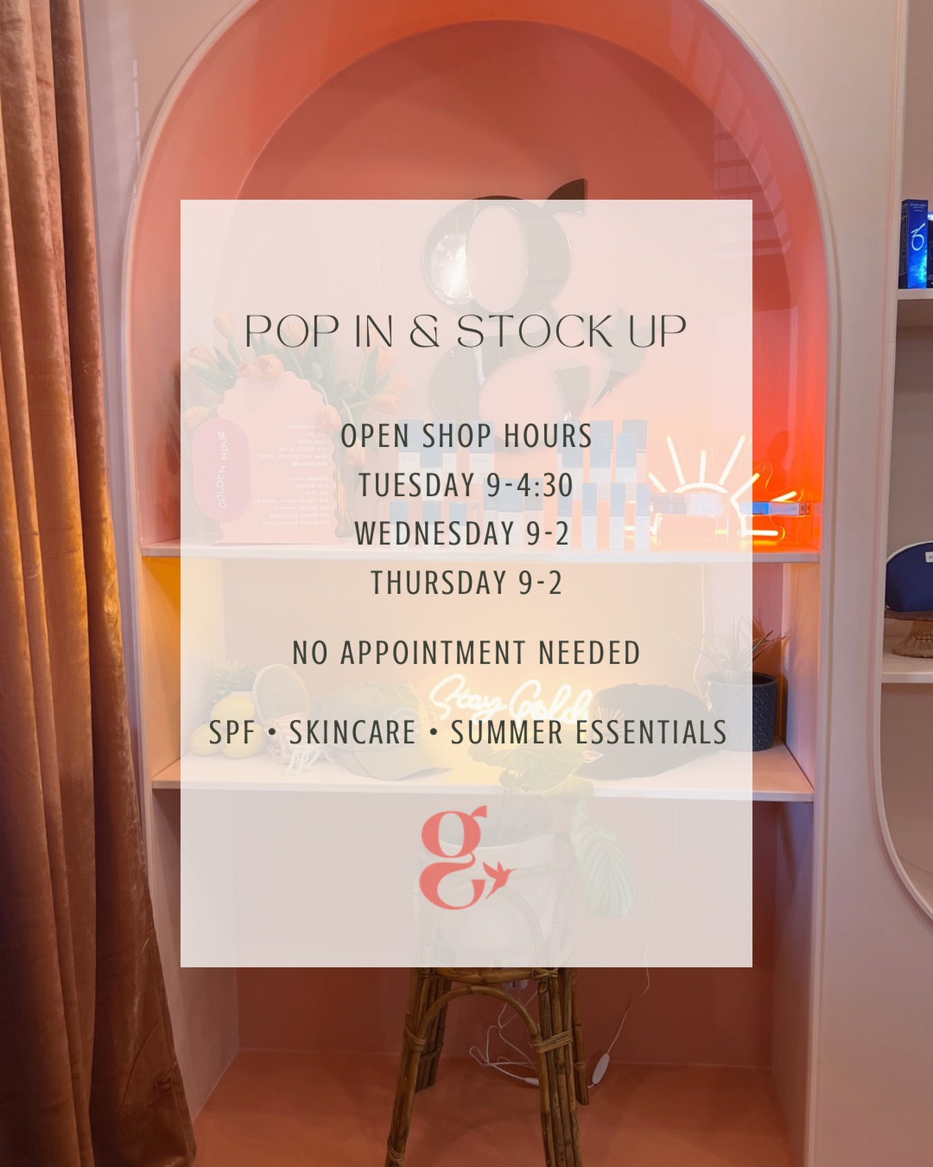Did you know you can shop Goldie without an appointment?
Whether you’re running low on your favorite skincare, need sunscreen before a weekend at the lake, want to try our SPF makeup line, or are looking for the perfect gift, you can simply stop by during our Open Shop Hours.
Our team is here to help you find the right products, answer questions, make recommendations, purchase gift cards, and even schedule future appointments.
No treatment appointment required. No planning ahead. Just pop in when it’s convenient for you.
✨ Skincare
✨ SPF
✨ SPF makeup
✨ Lip products
✨ Sunless tanning
✨ Gift cards
✨ Personalized recommendations
OPEN SHOP HOURS
Tuesday | 9:00–4:30
Wednesday | 9:00–2:00
Thursday | 9:00–2:00
Come see us—we’re always happy to help you find your new favorite product.
