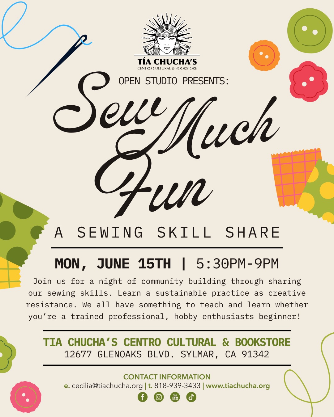 We’re back with another Sew Much Fun night at Tia Chucha’s! This is a free sewing club, dedicated to people who want to get started on sewing projects and learn from each other! All levels welcome.
If you don’t have a sewing machine there’s plenty of projects that can be started with just a pair of scissors, fabric, thread and needle. Alternatively, you can check your local library to rent a sewing machine.
We’ll see you Monday, June 15th!
#818 #sanfernandovalley #losangeles #sylmar #sewing