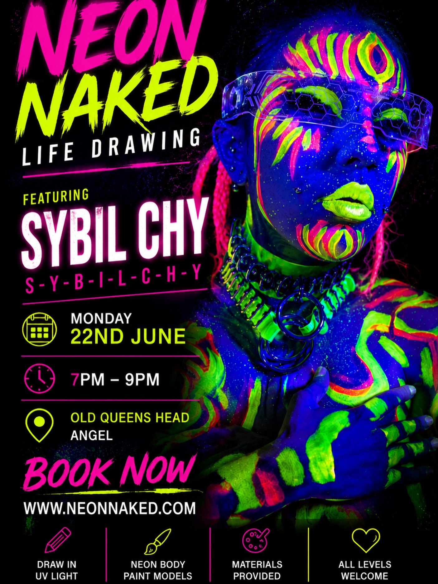 💥Join us for Neon Naked Life Drawing featuring the incredible @sybilchy on Monday 22nd June, 7–9pm at The @oldqueenshead , Angel. Expect glowing body paint, creative poses, great music, and a relaxed atmosphere where all abilities are welcome.
🖍️ Materials provided
🌈 Neon body paint model
💡 Draw in UV light
🎟️ Beginners and experienced artists welcome
Book now: www.neonnaked.com
#NeonNaked #LifeDrawing #LondonEvents #UVArt #FigureDrawing AngelLondon CreativeLondon