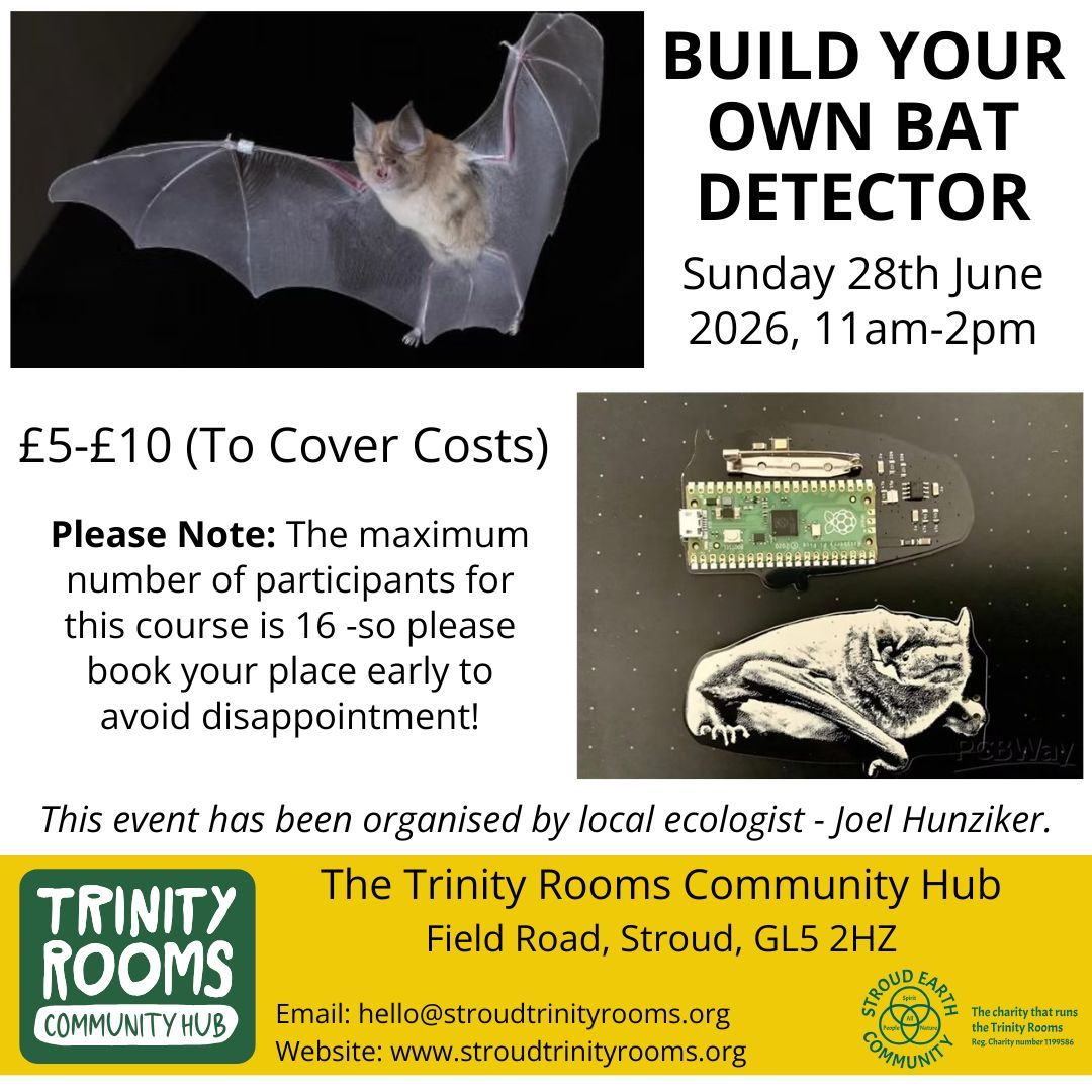 A fantastic opportunity to build a highly capable, low-cost Bat Detector, tried and tested by citizen-scientists around the world!
Led by Phil Atkins from Wiltshire Bat Group. You will make a small-wearable (broach pin) 'Griff Mini' bat detector that connects to smartphones & tablets.
Taking place at our Trinity Rooms Community Hub on Sunday 18th June, 11am-2pm, with spaces limited, find out more / book tickets on our Website What's On Page today (direct link below).
www.stroudtrinityrooms.org/event-details-registration/build-your-own-bat-detector
#Stroud #Bats #Events #Nature #Gloucestershire #Bat #Nailsworth #Ecology #Chalford #Workshop #Painswick #Amberley #Whiltshire #CitizenScience #Animals #Gloucester #DIY #Wildlife