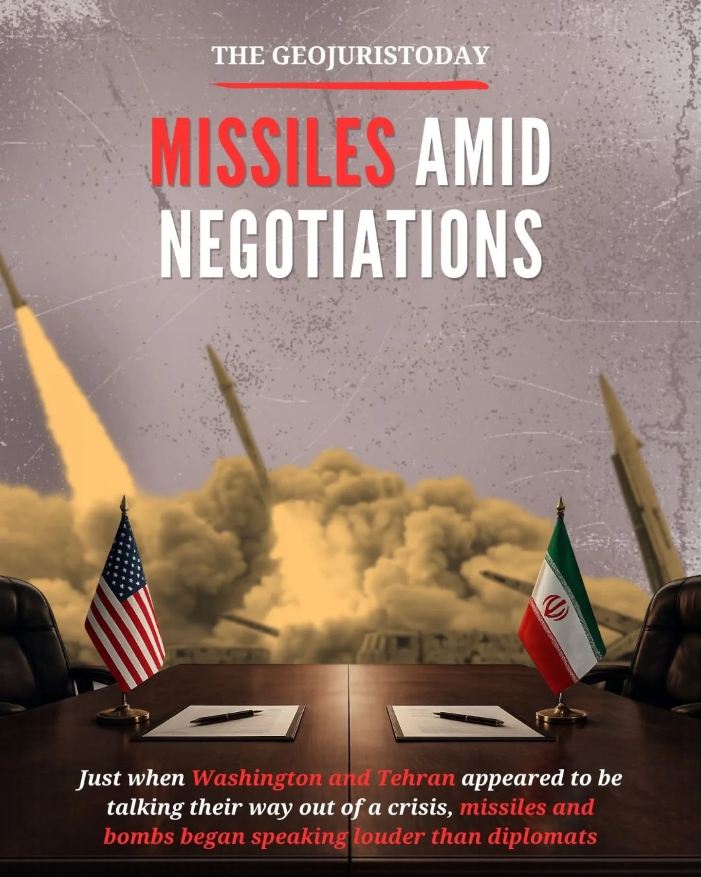 Missiles in the sky, negotiations on the table — the line between diplomacy and coercion is rapidly disappearing.
The latest US-Iran confrontation is not merely another episode of regional escalation; it reflects a deeper transformation in how power is exercised in international politics. While both sides continue to speak the language of diplomacy, military strikes, retaliatory attacks, and strategic pressure have become integral to the negotiating process itself. As conflicting narratives emerge over potential agreements and uncertainty surrounds the so-called Islamabad MoU, the crisis raises a critical question: when bombs become bargaining chips, can diplomacy still deliver peace, or has coercion become the new language of negotiation?
Authored by:
Vaibhav Patidar
Research Intern at The Geojuristoday
Designed by:
Sashwat Tiwari
Graphics Intern at The Geojuristoday
#straitofhormuz #geopolitics #usiran #middleeast #geojuristoday