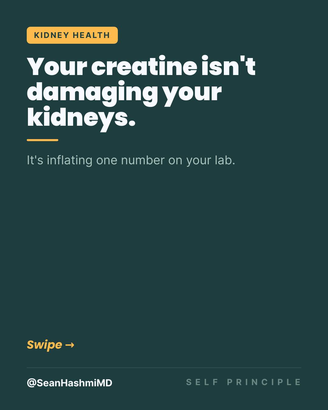 Creatine isn't wrecking your kidneys. It raises one lab number, creatinine, without harming how your kidneys work.
Here's why. Creatine breaks down into creatinine, the same waste product labs use to estimate filtration, so a creatine user can show a higher creatinine with perfectly normal kidneys. I'm Dr. Sean Hashmi, a board-certified nephrologist and obesity medicine specialist, and I see this false alarm constantly.
The data back it up. A randomized, double-blind trial found about 10 g a day for 3 months did not harm kidney function, and cystatin C, a marker that ignores muscle, improved. Two years of creatine in older adults with Parkinson's disease left kidney markers normal while creatinine rose from breakdown alone. The honest exception: if you already have kidney disease or take nephrotoxic drugs, talk to your doctor first.
Save the doctor script on slide 7. Send this to the friend who quit over a misread lab.
Tell me in the comments: did a lab ever flag your kidneys after starting creatine?
Comment KIDNEY and I'll send you the free kidney guide.
Weekly evidence at selfprinciple.org/newsletter
References:
Yoshizumi WM, Tsourounis C. J Herb Pharmacother. 2004;4(1):1-7. PMID:15273072.
Gualano B, et al. Eur J Appl Physiol. 2008;103(1):33-40. doi:10.1007/s00421-007-0669-3. Bender A, et al. Nutr Res. 2008;28(3):172-178. doi:10.1016/j.nutres.2008.01.001.
#creatine #kidneyhealth #creatinine #fitnessscience #supplements