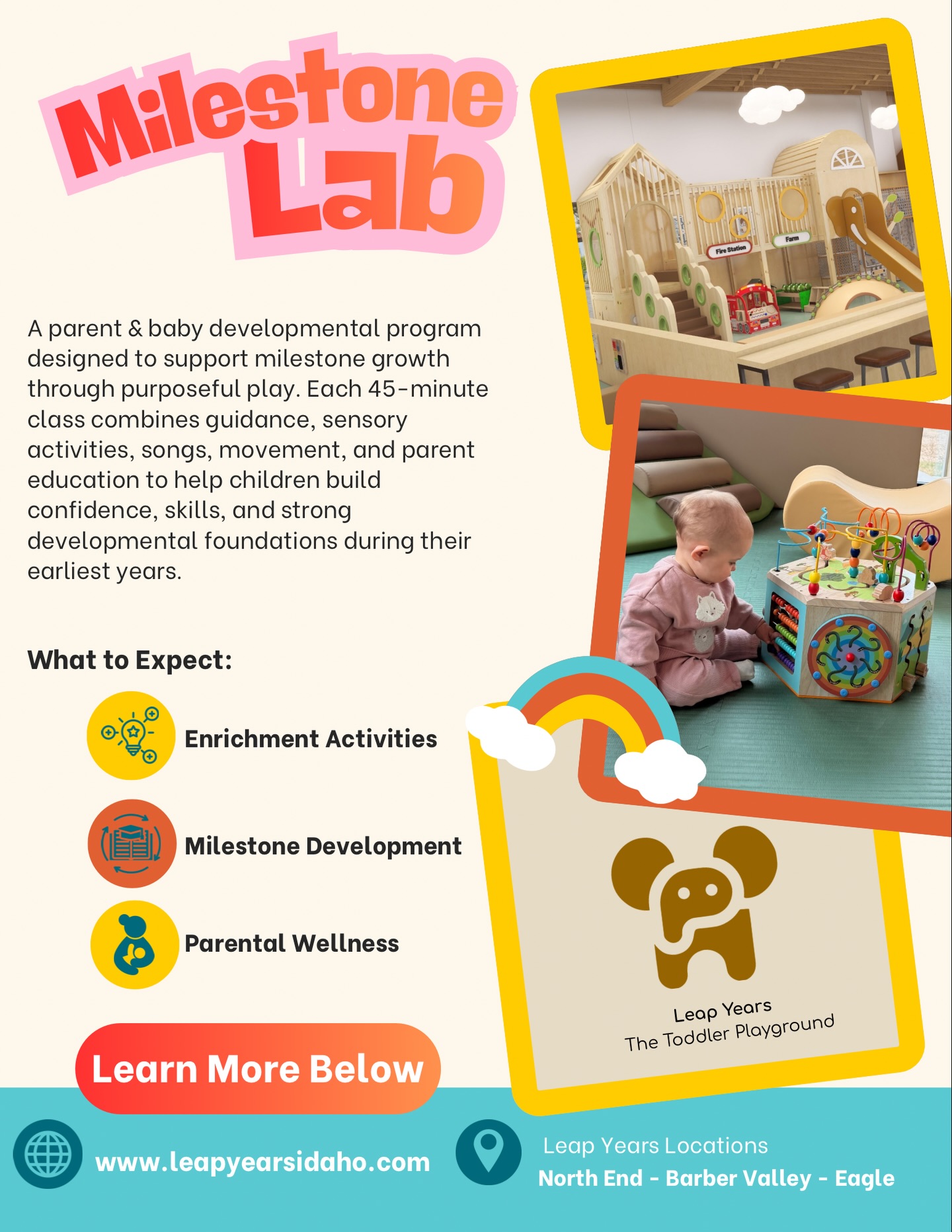 🧡 To help us make this program incredible, we are asking for families to volunteer their time during a 3 week trial, with classes twice per week.
Trial classes start on Tuesday 6/16 at @leapyears_seboise
✨TRIAL SCHEDULE✨
3-6M Olds:
Tuesdays at 8:15am
Thursdays at 12:15pm
6-9M:
Tuesdays at 1:15pm
Thursdays at 8:15am
9-12M:
Tuesdays at 12:15pm
Thursdays at 1:15pm
🍎 Details
45 min instructor led and parent-guided class.
Milestone development
Play, bond, learn
Sensory regulation