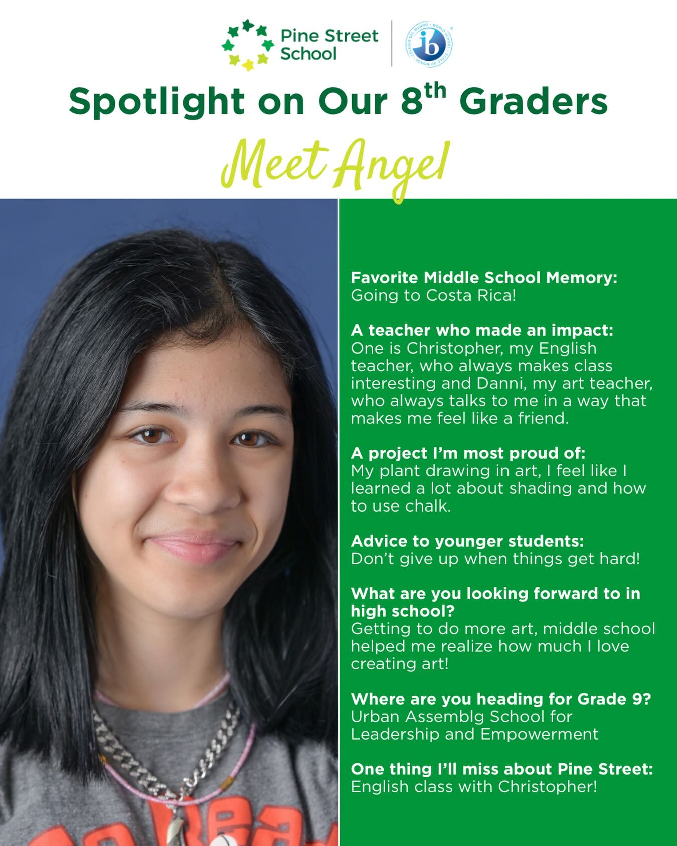 We are so proud of this growing artist with a love for English! We can’t wait to see where the future takes her 🚀 congratulations Angel!
#PineStreetSchool #MiddleSchoolGrad