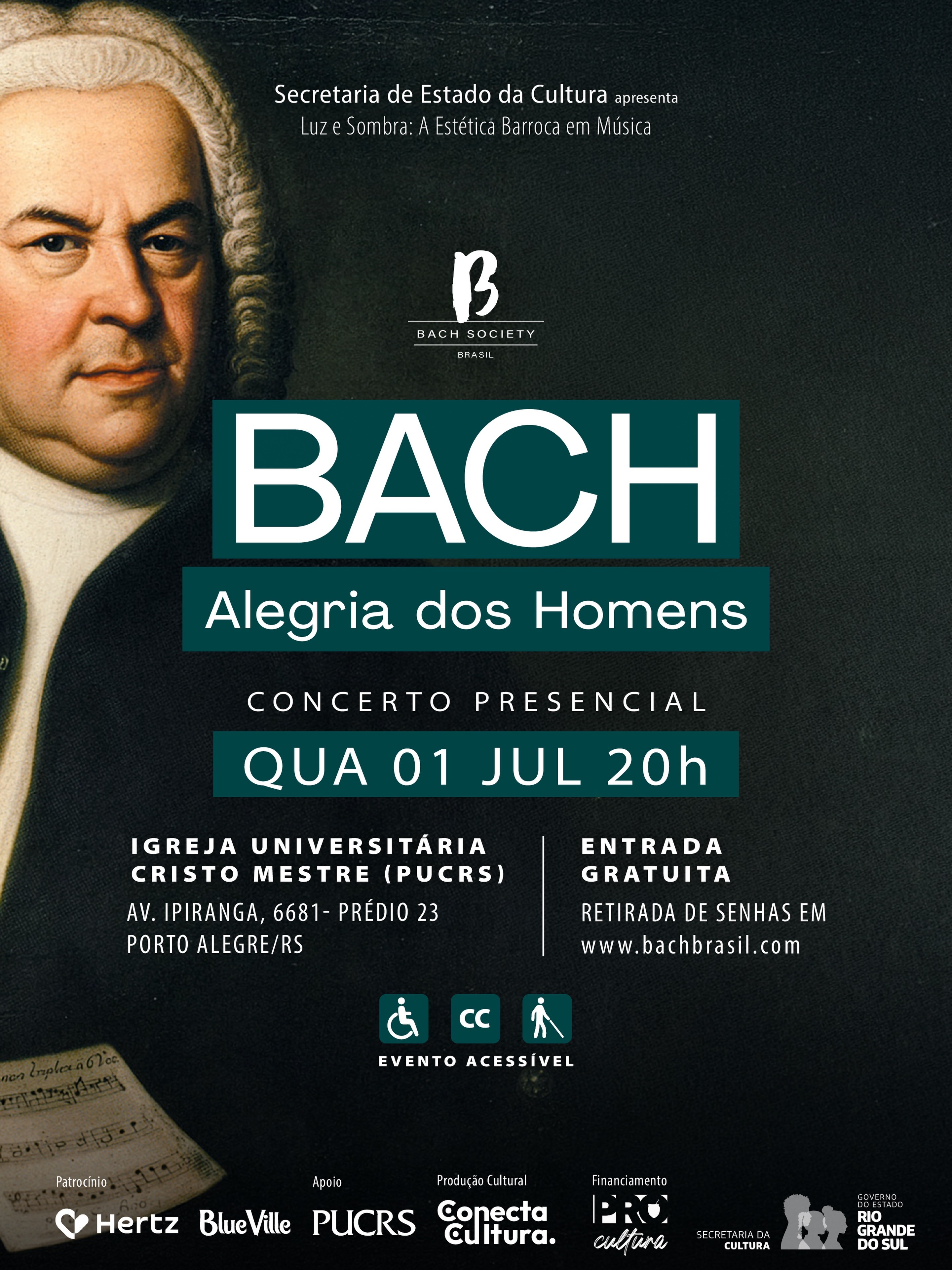 🎼 CONCERTO GRATUITO — A Secretaria de Estado da Cultura apresenta o próximo concerto da Bach Society Brasil dedicado ao famoso tema “Jesus, Alegria dos Homens”. Iremos explorar sua origem na obra de Bach e na de outros compositores barrocos que o influenciaram a escrever uma das melodias mais famosas do mundo.
🎟️ INGRESSOS: Entrada Gratuita, mediante retirada de ingresso em www.bachbrasil.com
Ingressos disponíveis a partir de 24 de junho), 1 ingresso por pessoa
🔔 Seja notificado inscrevendo-se no site 🔗 link na bio
Continuando a série BACH na PUCRS, o programa traz a íntegra da cantata “Herz und Mund und Tat und Leben”, BWV 147, de Johann Sebastian Bach, ao lado de obras de Georg Philipp Telemann e Antonio Vivaldi, interpretadas com instrumentos de época pelo Ensemble Bach Brasil sob a direção de Fernando Cordella.
BACH ALEGRIA DOS HOMENS
📅 1º de julho de 2026, quarta-feira, às 20h
📍 Igreja Universitária Cristo Mestre (PUCRS)
Av. Ipiranga, 6681 - Prédio 23 - Partenon
Porto Alegre
🎟️ Entrada gratuita mediante retirada de ingressos em www.bachbrasil.com
♿ Evento acessível
SOLISTAS
Fernando Cordella @cordellafernando, cravo e direção
Maria Carla Pino @mariacarlapinosoprano (Brasil/Alemanha), soprano
Diana Danieli @diana_danieli_, contralto
Aníbal Mancini @anibalmancini (RJ), tenor
Daniel Germano @odanielgermano, baixo
Bruno Lourensetto @brunolourensetto, trompete barroco
Giovani dos Santos @giobaroque, violino barroco
Márcio Cecconello @cecconello.marcio, violino barroco
Projeto: Luz e Sombra: A Estética Barroca em Música
Realização: Sociedade Bach Brasil
Patrocínio: Hertz Farmacêutica e Blueville
Apoio: PUCRS Cultura, Goethe Institut, Instituto Ecossis, EROICA e Badermann Arquitetos Associados.
Produção Cultural: Conecta Cultura
Comunicação: EROICA
Financiamento: PRÓ-CULTURA, Governo do Estado do Rio Grande do Sul, por meio da Secretaria de Estado da Cultura.
#proculturars e @sedac_rs #bachbrasil #bachsocieybrasil #concerto #bach @pastoralpucrs @pucrscultura