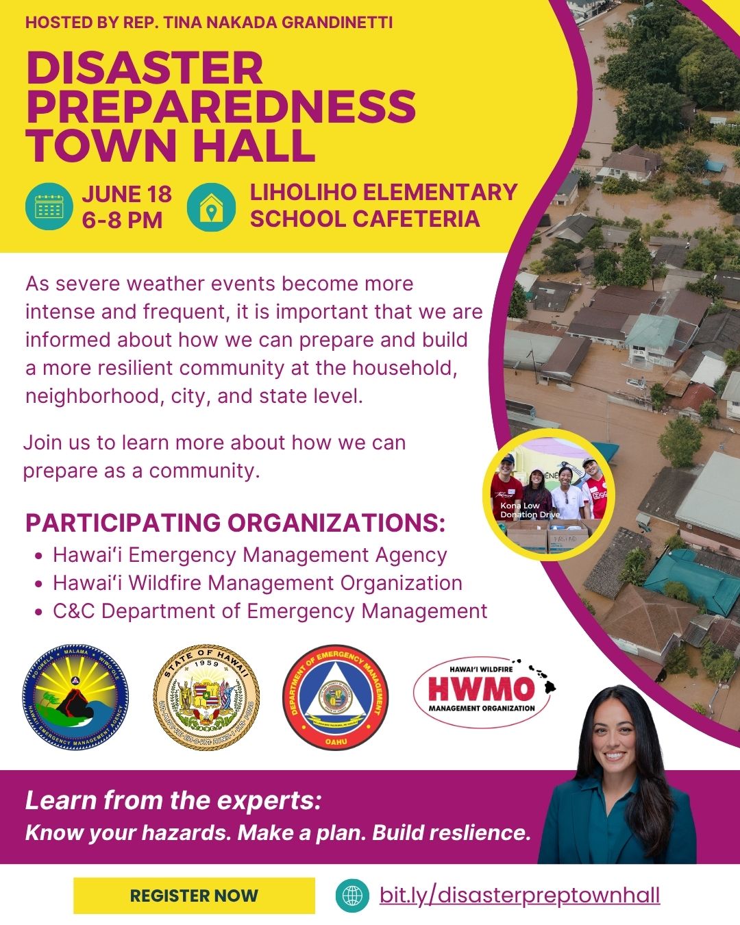 Join me this Thursday, June 18 from 6-8pm at Liholiho Elementary School for a town hall on Disaster Preparedness.
If youʻre anything like me, climate anxiety is hanging heavy right now as Kona Low recovery continues and an active El Niño hurricane season looms up ahead. But taking action always helps. Come hear from experts about how to prepare your home and your household, and learn about training resources and organizing opportunities that will help us to come together as a community to prepare for what's ahead.
