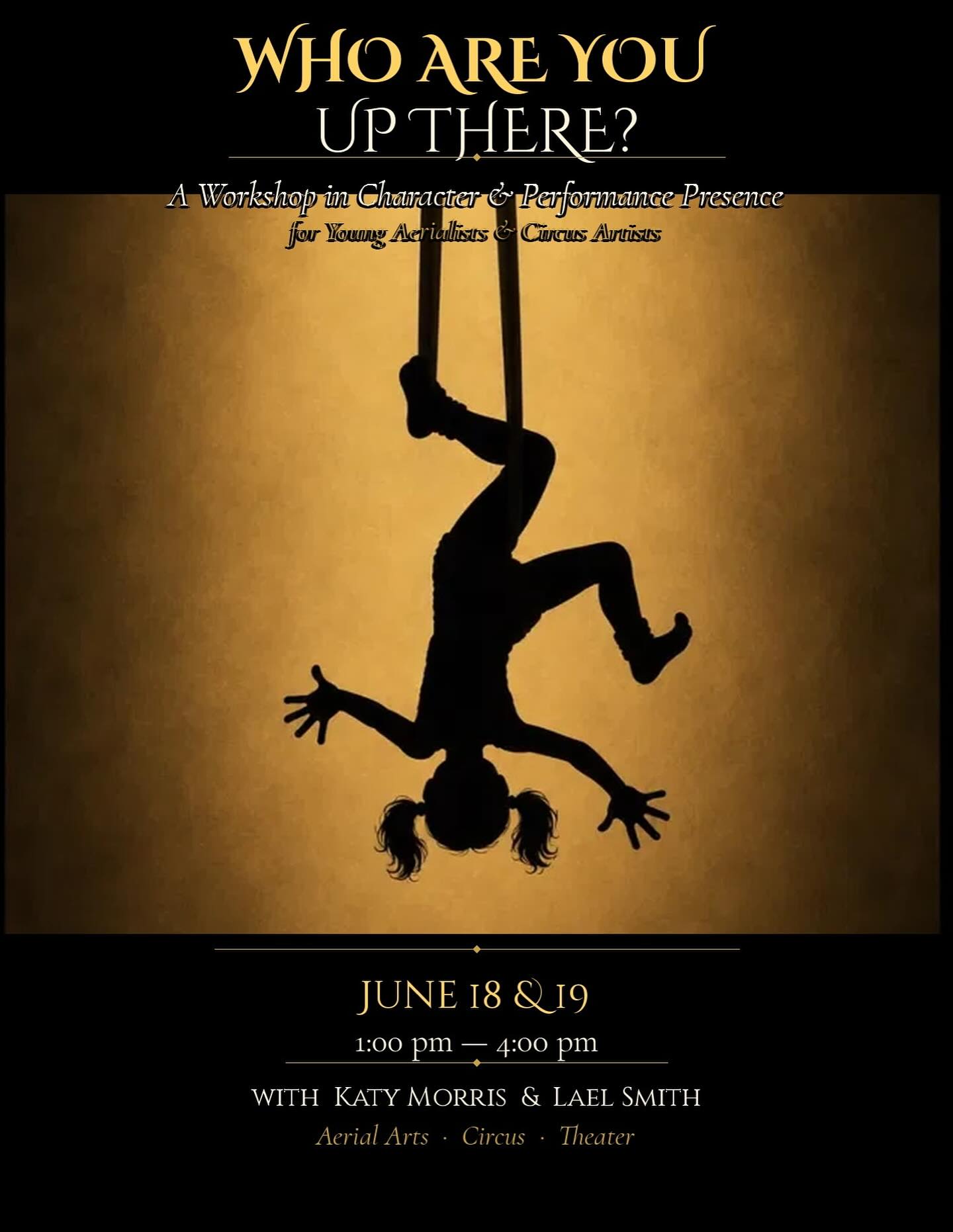 Who Are You Up There?
A workshop in character and performance presence for young aerialists
In this two-day workshop, young aerialists will learn about what turns a sequence of skills into a performance. Through games, improvisation, and hands-on work both on the floor and on apparatus, we will explore character, expression, and stage presence. Students will leave with tools they can use in competition and showcases to deepen audience connection and begin to truly tell stories in the air.
Sign up online! Workshops tab in bio!