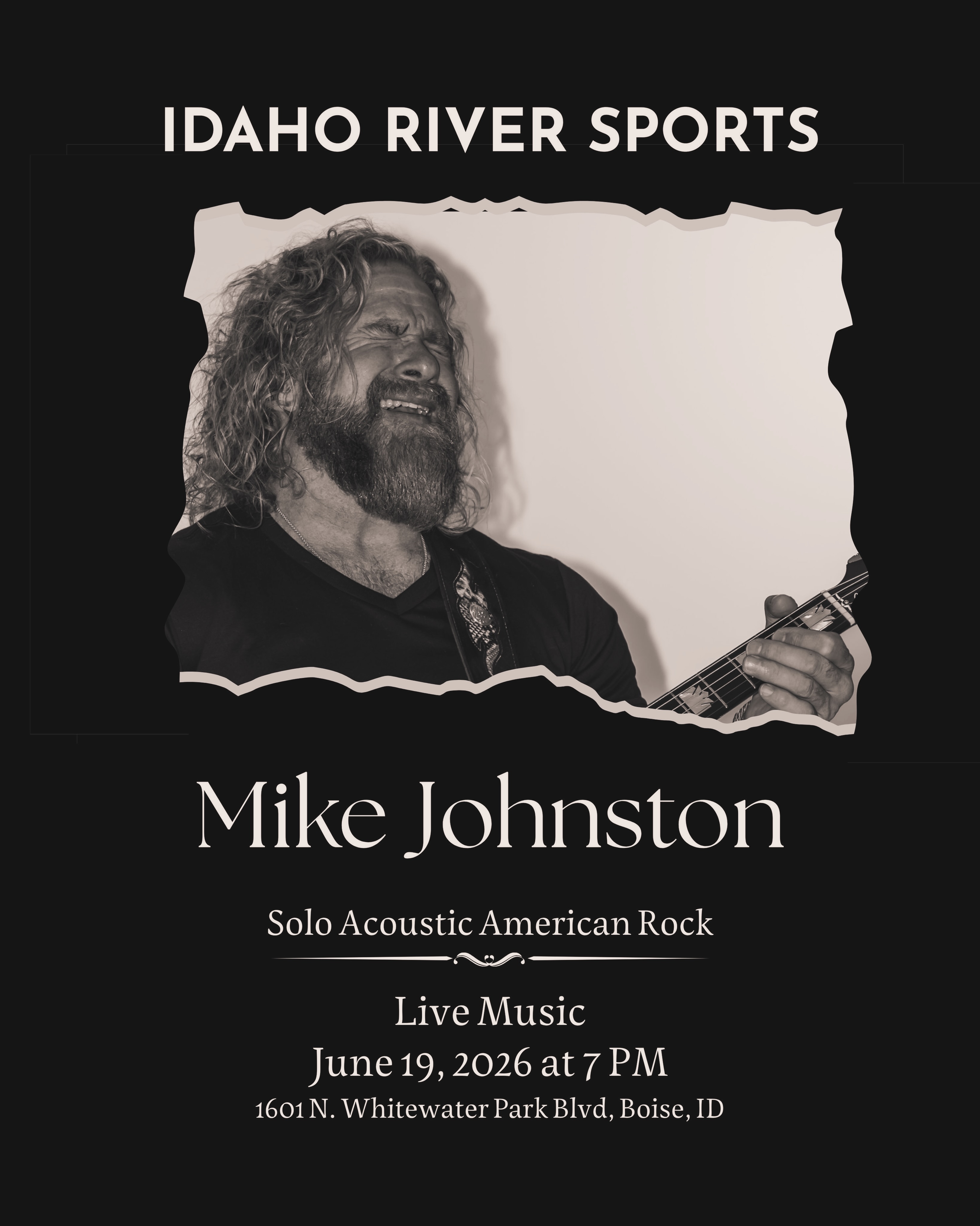 Come on out and join me @idahoriversports on Friday, June 19th at 7:00 PM for some acoustic tunes and good times with local vendors and food and drink provided by @meriwethercider #americanrock #originalmusic #mikejohnstonband