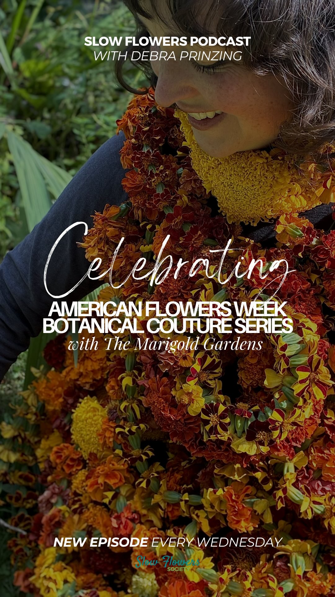 American Flowers Week is just weeks away! — Join us this week as we chat Botanical Couture designs with Caitlin Mathes of @themarigoldgardens!
Take a peek at what is to come: In the run-up to our American Flowers Week’s annual Botanical Couture collection, I’m welcoming Caitlin Mathes to the Slow Flowers Podcast. A longtime Slow Flowers Member based in New York’s Finger Lakes Region, Caitlin has been cultivating the Tagetes species, also known as the marigold, since 2019. Her passion led to establishing The Marigold Gardens as a singular flower farm, specializing in more than 40 marigold varieties. When planning this year’s American Flowers Week floral fashions, we asked Caitlin if she would like to create a marigold garment – and she joined in the fun, growing, designing, fabricating, and modeling her playful look. Join me as we learn more about Caitlin’s floral enterprise, her love affair with marigolds, and her charming, Medieval-inspired garment fashioned with a multitude of colorful and uniquely-formed varieties. You, too, will fall in love with marigolds because Caitlin’s passion is contagious!
Listen or watch NOW on Apple Podcasts, Spotify, YouTube, or wherever you get your podcasts 🎙️💐✨
#slowflowerssociety #slowflowers #slowflowerspodcast #slowflowersmovement #sustainablefloristry