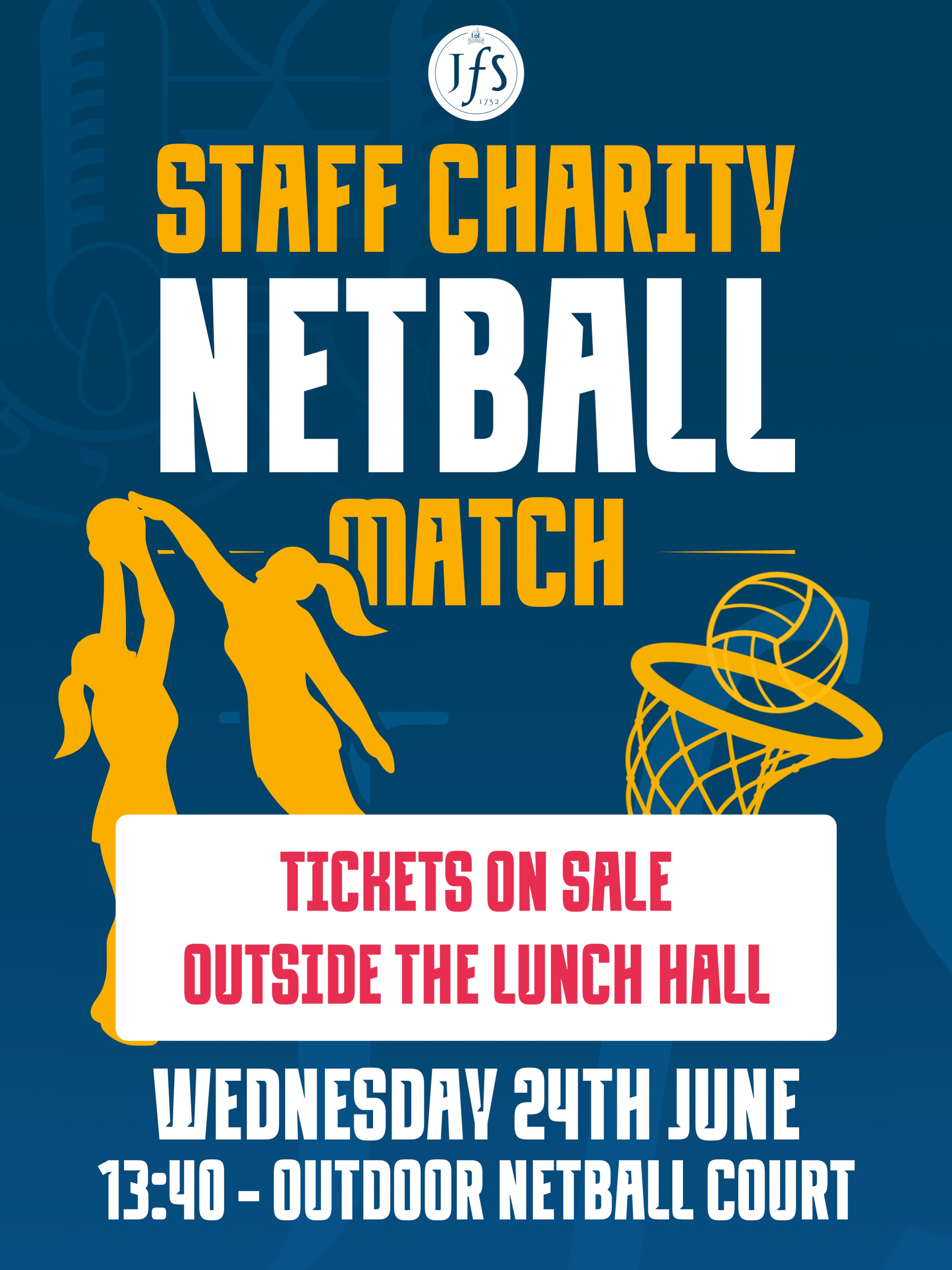 STAFF CHARITY NETBALL MATCH - £1 Entry
Tickets will be on sale from Thursday at lunch outside the canteen!